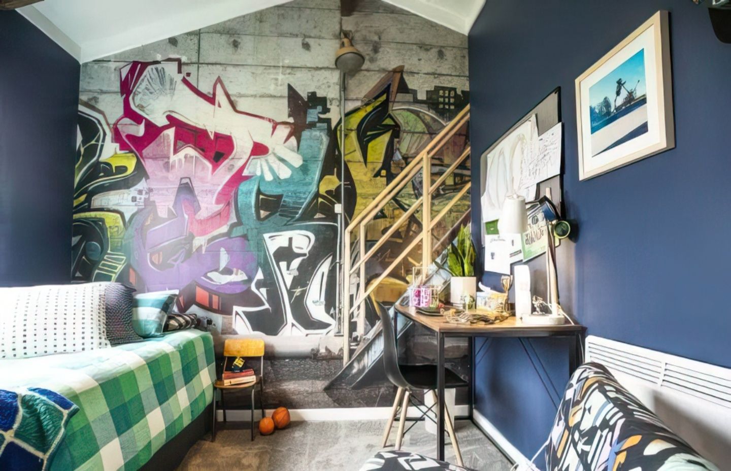 Carley Lloyd’s mother-in-law hung the graffiti wallpaper in nine-year-old Beau’s bedroom. The wallpaper was custom printed by Swedish company Rebel Walls.