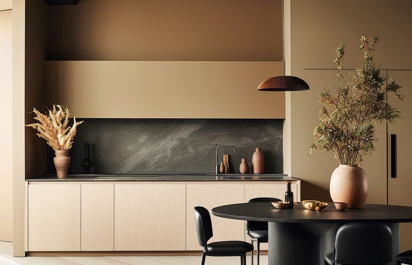 Simplicity and a focus on quality, durable materials is the key to this minimalist kitchen. (Image generated using Midjourney.)