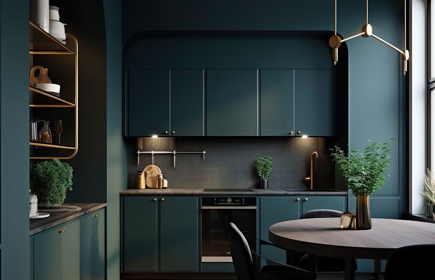 This modest-sized kitchen, which incorporates the dining table, feels luxurious due to the high ceilings, deep emerald cabinetry and brass accessories. (Image generated by Midjourney.)