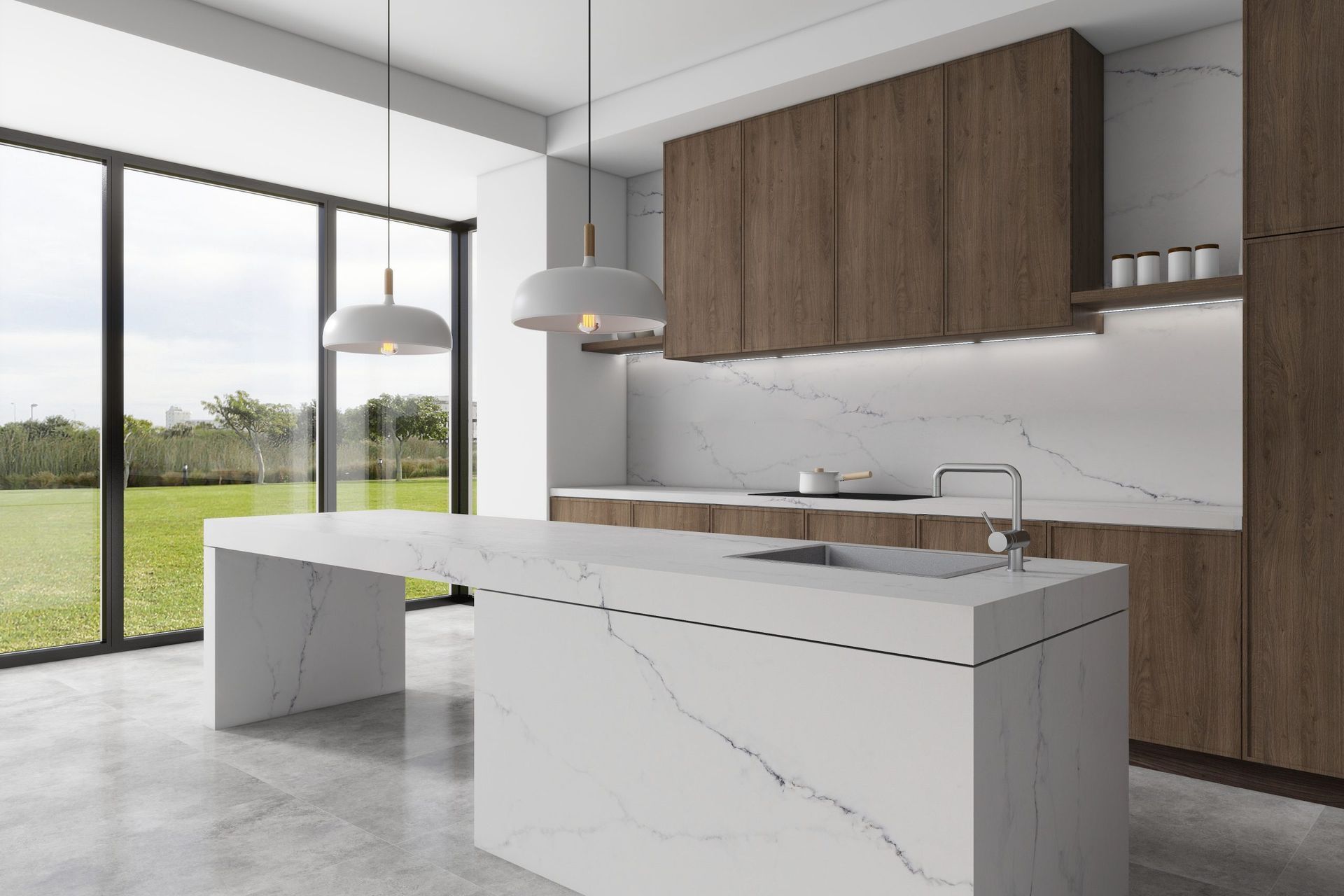 Engineered stone gives this kitchen a very clean appearance.