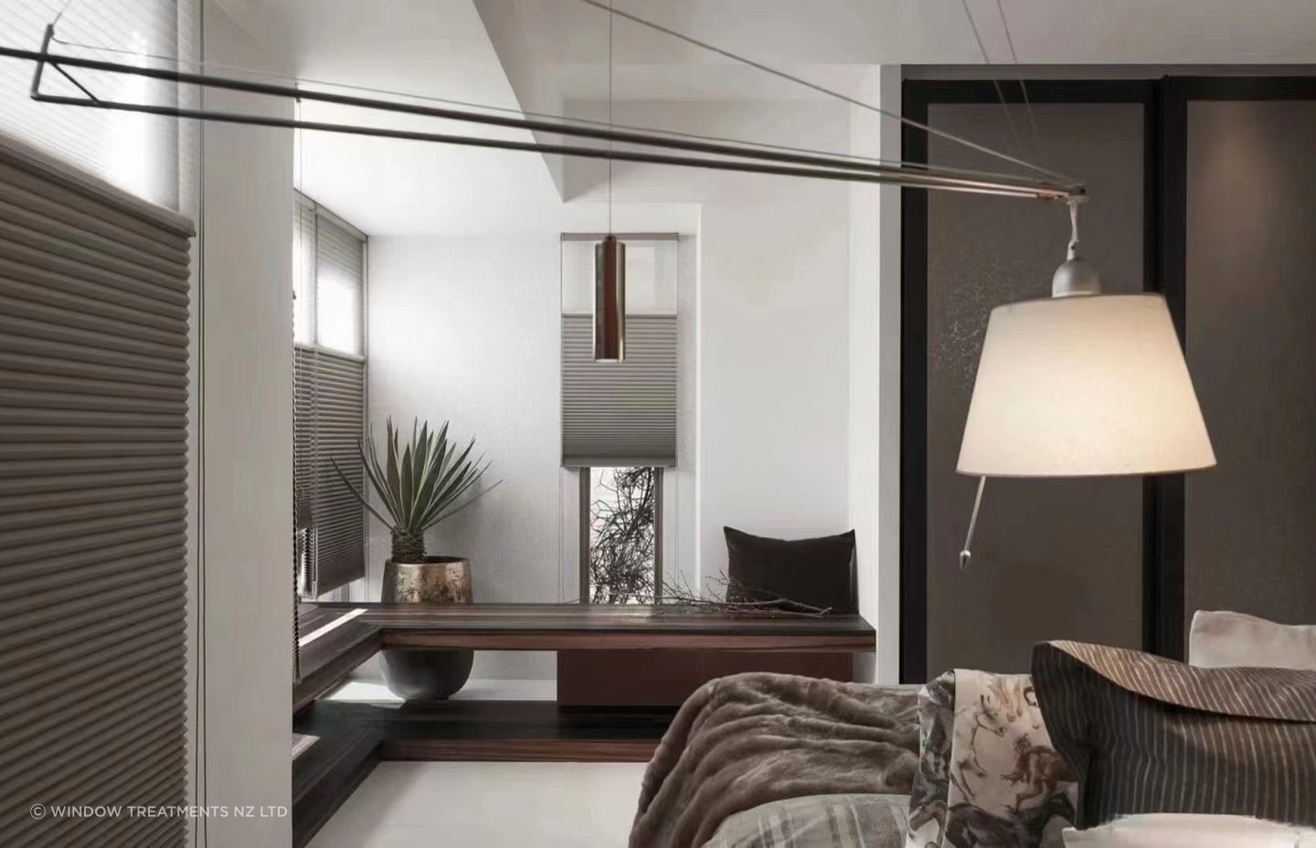 Honeycomb blinds introduce a soft, high fashion aesthetic.