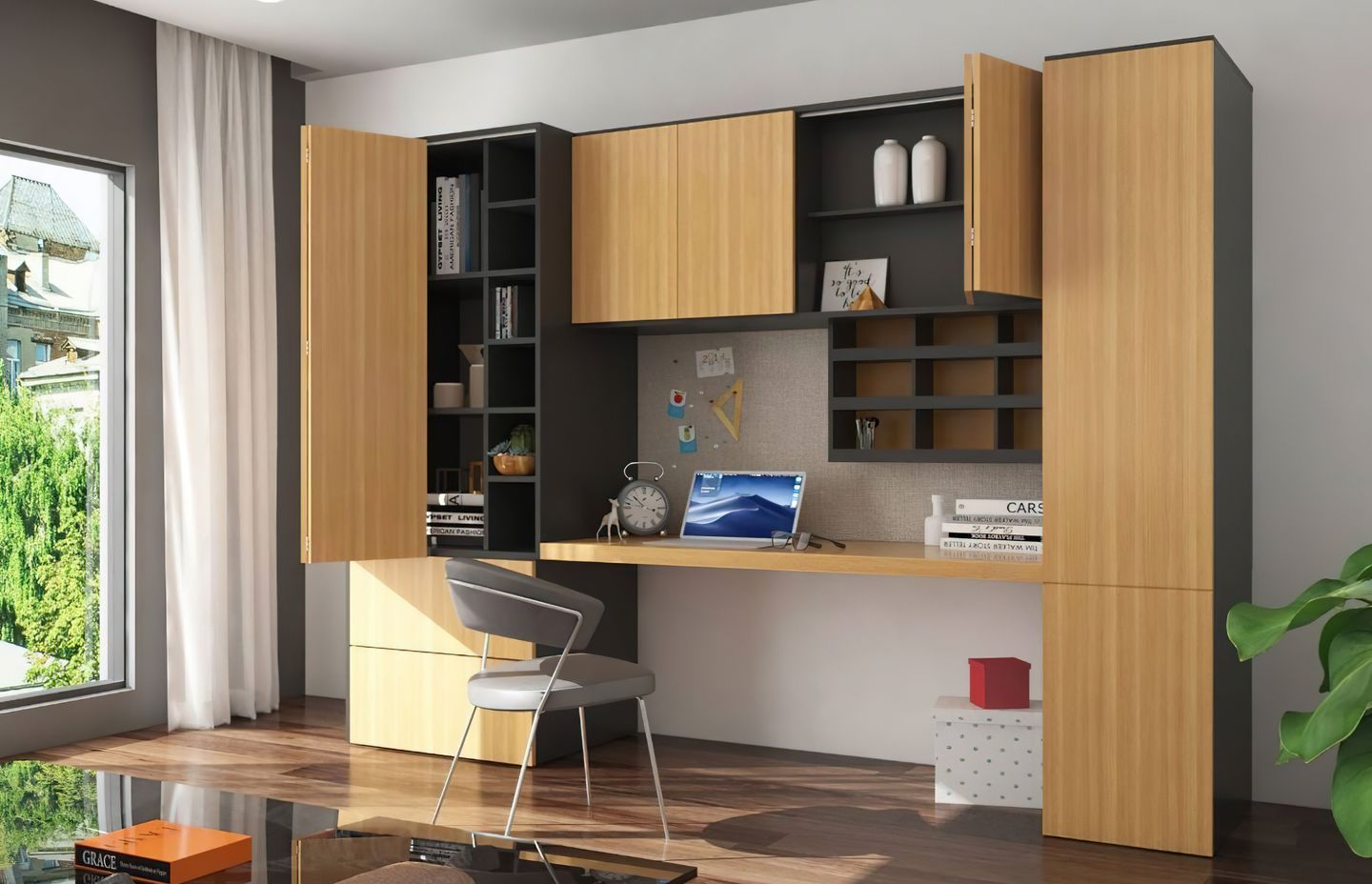 A home based office solution for anyone liking a tidy home: at the end of the day, all work utensils are stored away and can disappear behind the folding doors. Photo: Hettich