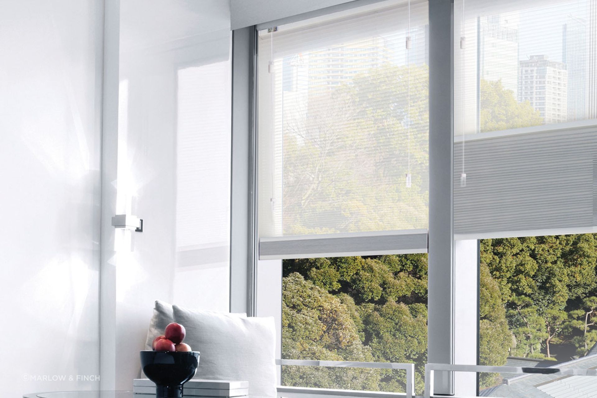 Honeycomb blinds offer versatile light control options.