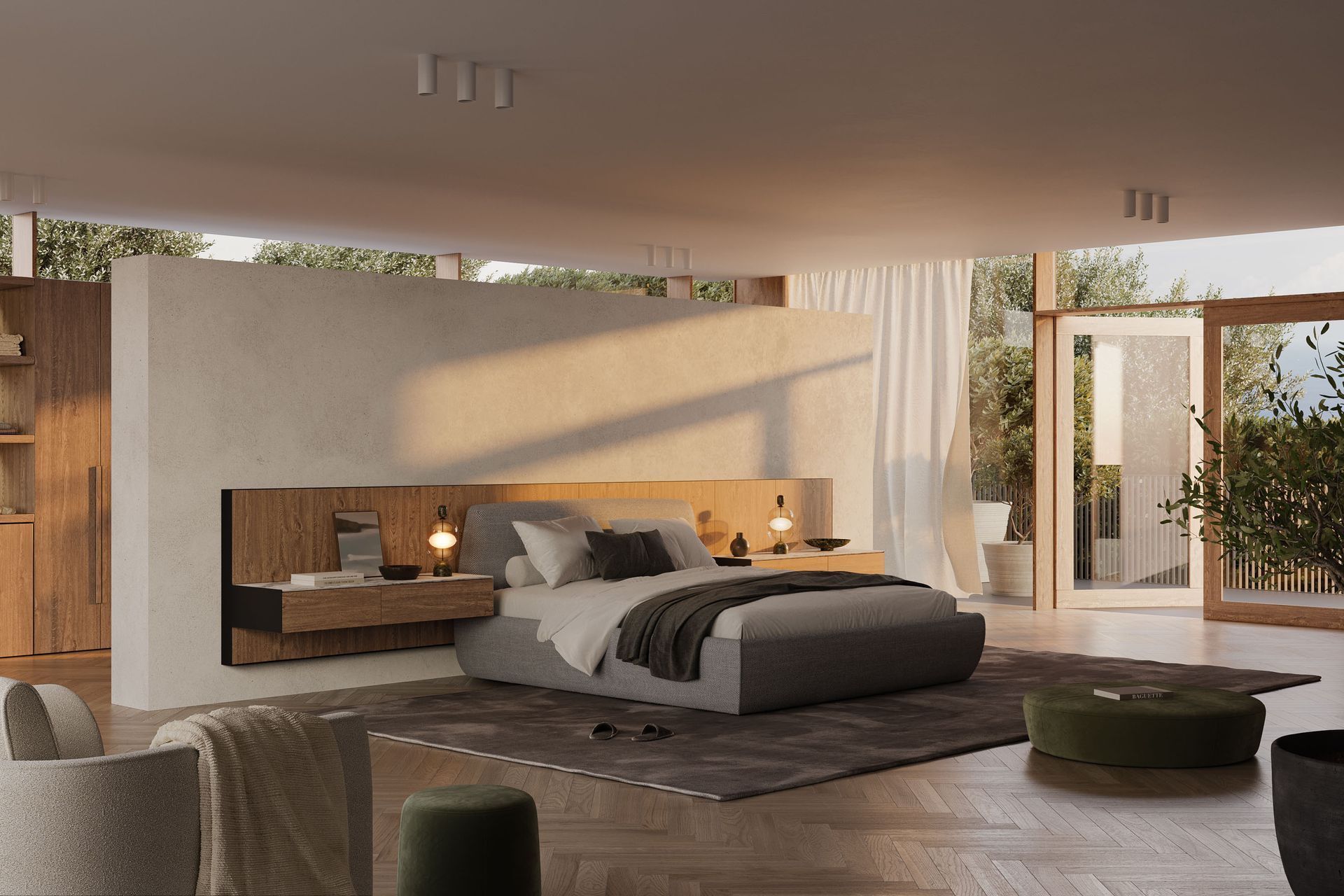 Floating bedside tables offer plenty of space and easy access for night time essentials and other decorative pieces such as candles and flowers. Featured product: Frame Bedroom Collection