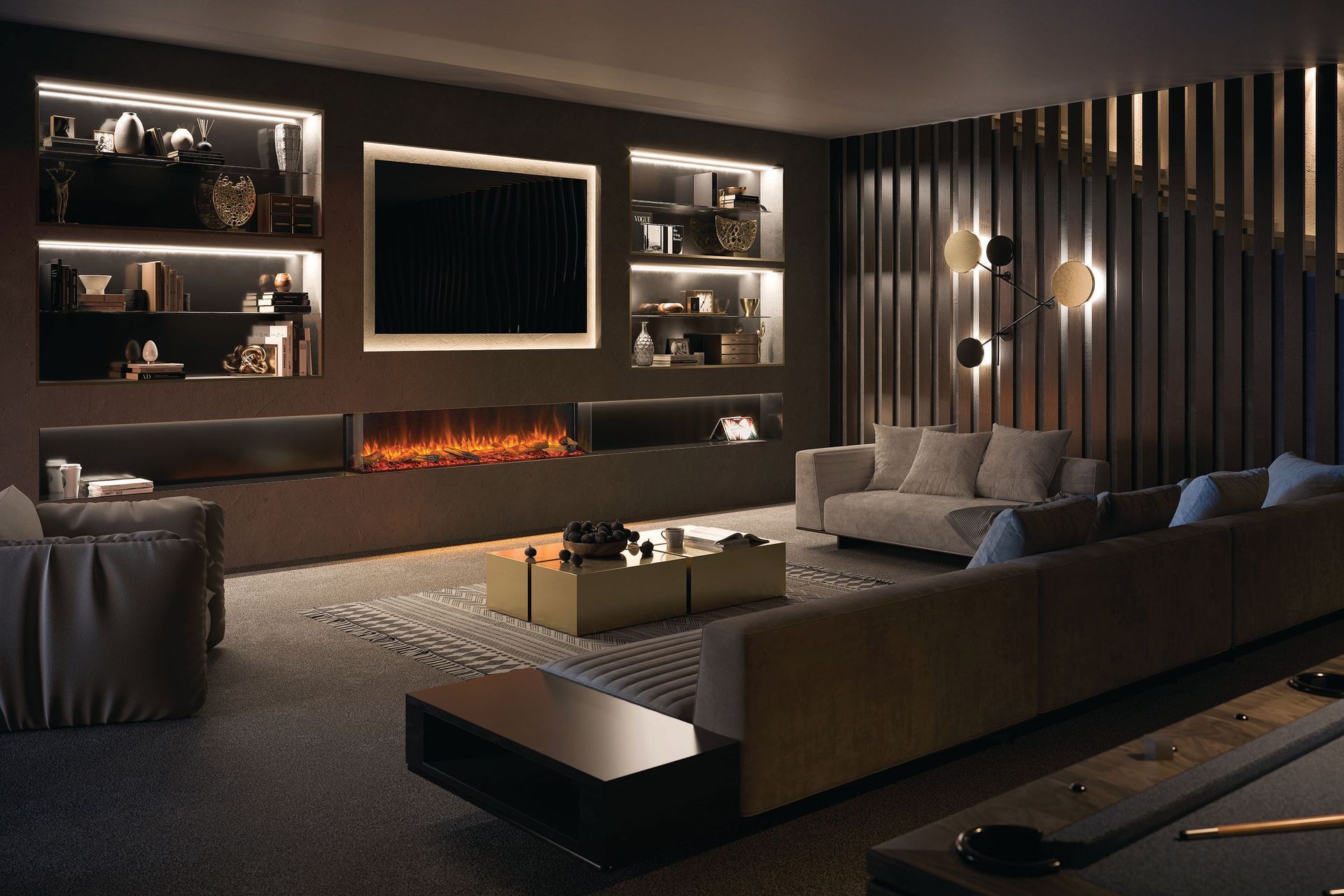 The eReflex 195RW, with an oak log effect, is shown here as a three-sided installation.