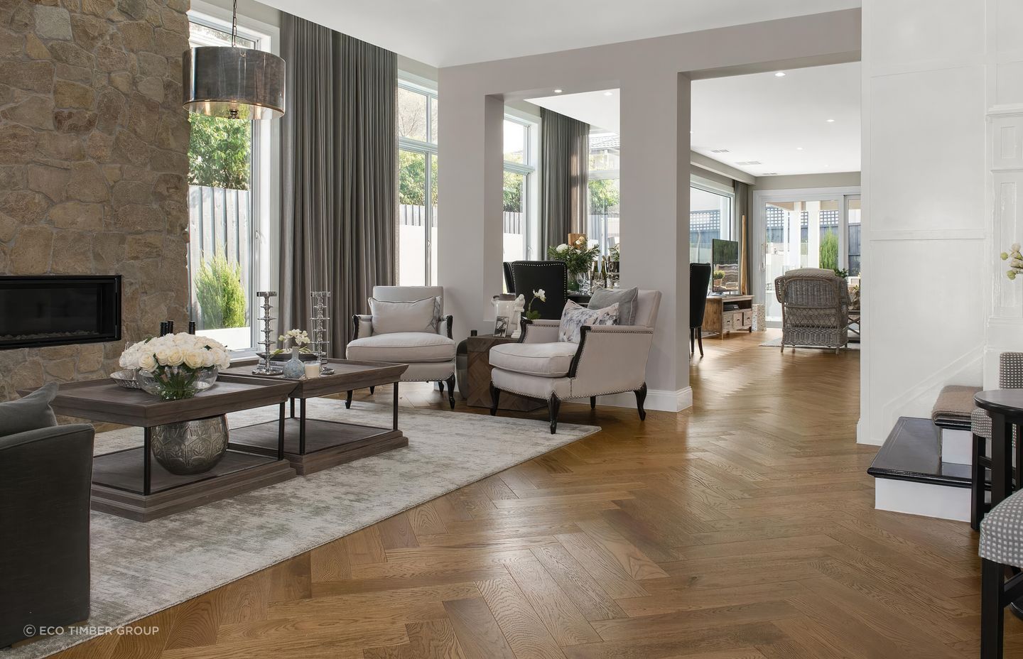Engineered timber floorboards come in various patterns, such as herringbone.