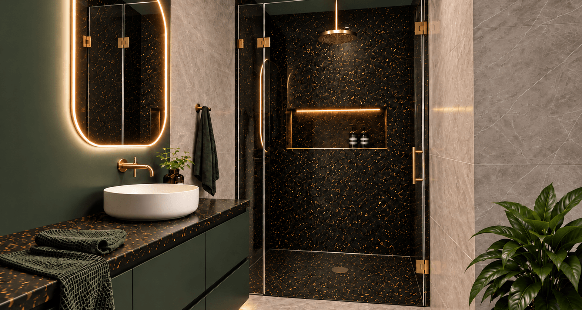 Solar Eclipse makes a statement across the entire wet area. Applied to the vanity top, custom level-entry shower base, wall panels and niche, the solid surface creates a bold yet cohesive architectural finish.