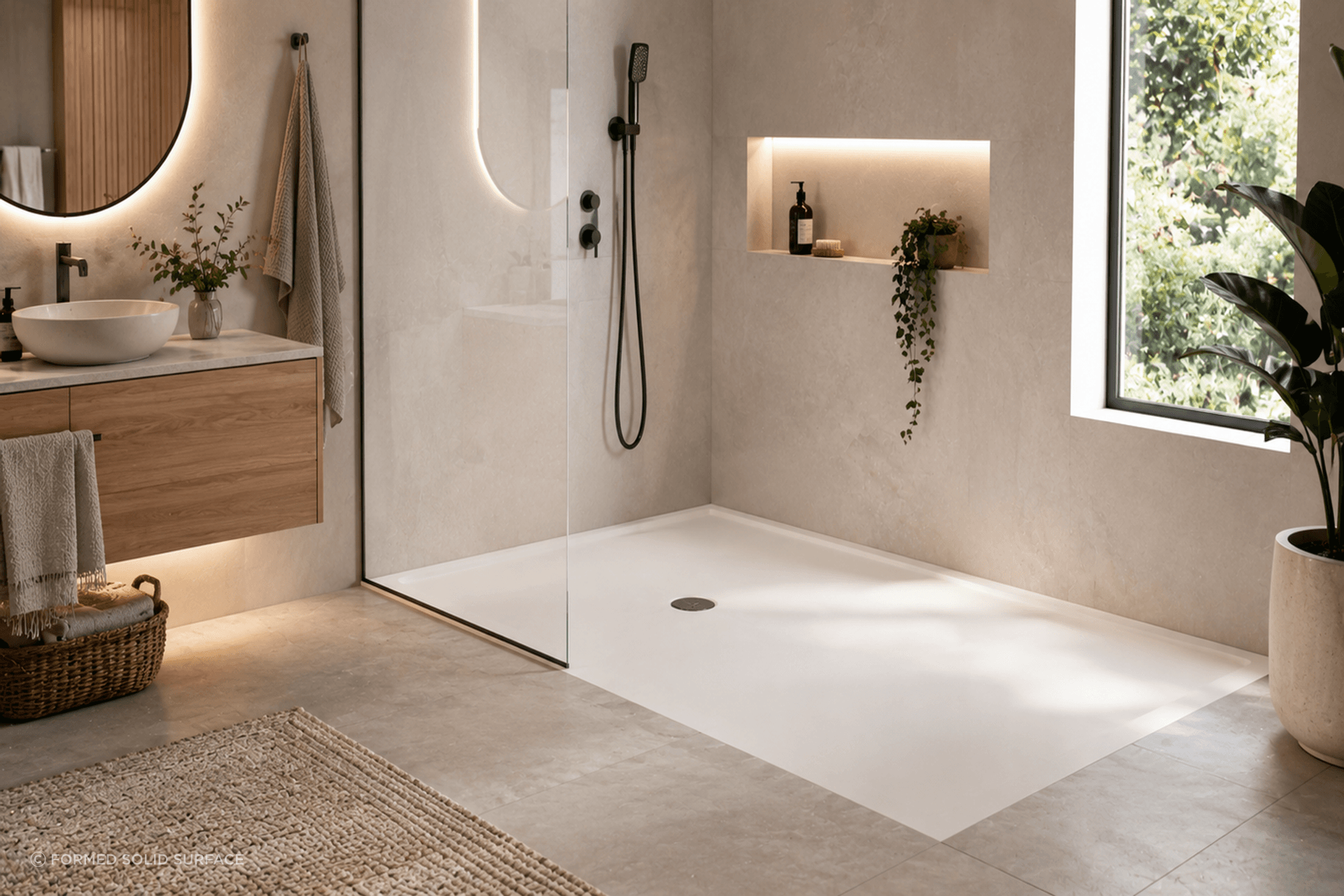 A completed level entry solid surface shower base demonstrates how custom manufacturing can support seamless bathroom design, accessibility and project specific architectural requirements.