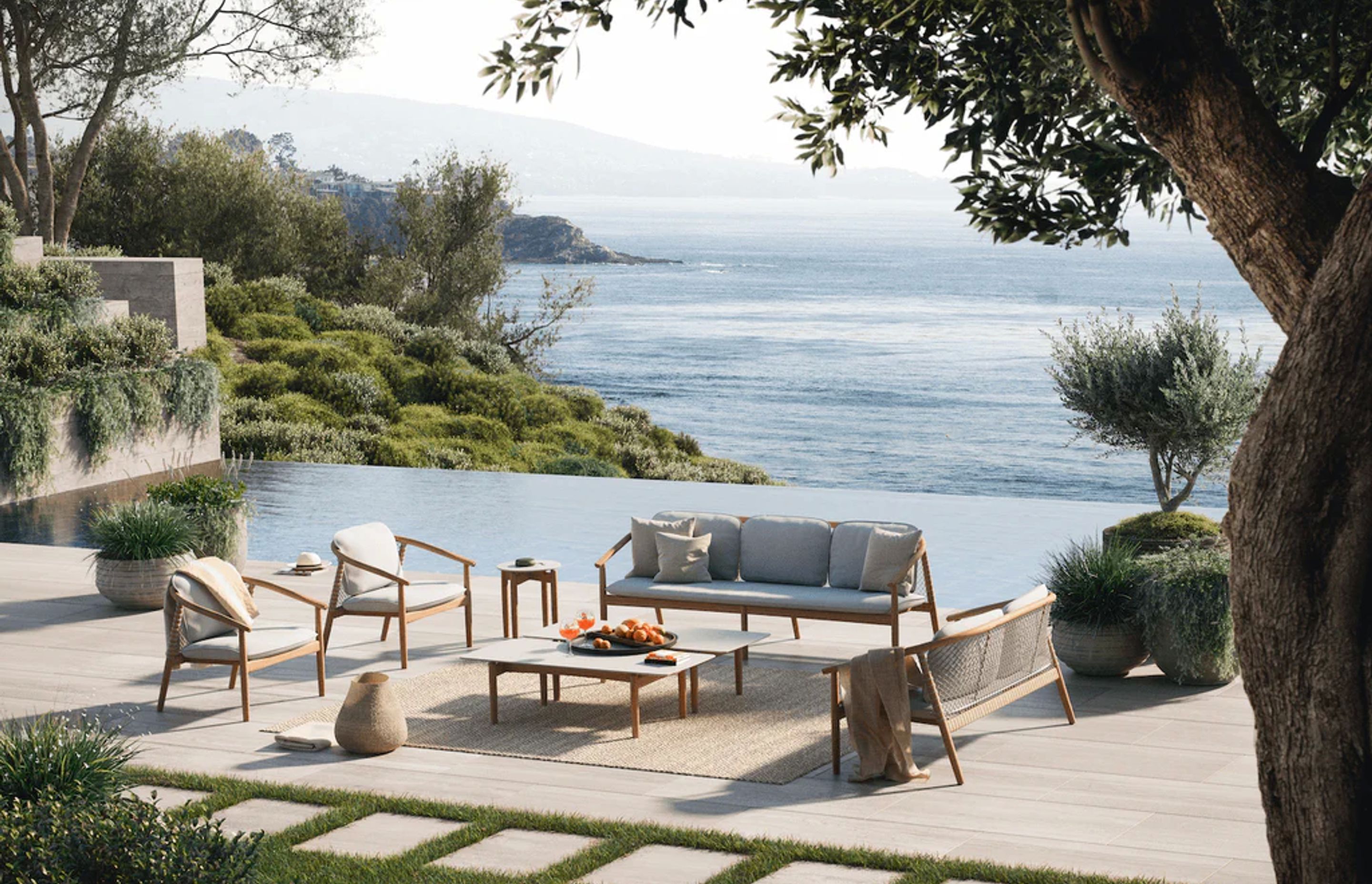 This Forrest Sofa features a teak frame and breathable weave.