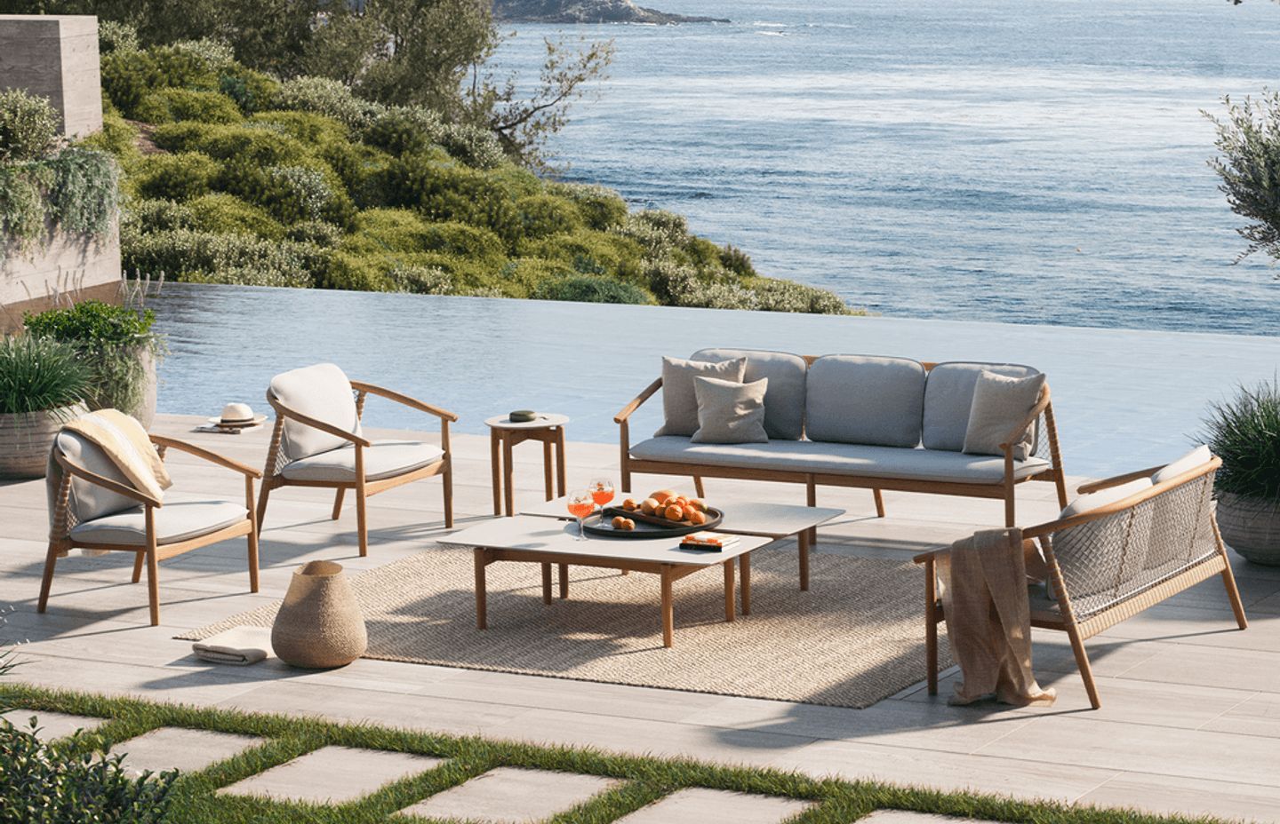 The Forrest Lounge Collection boasts solid teak frames. These frames will develop a patina over time without additional maintenance.