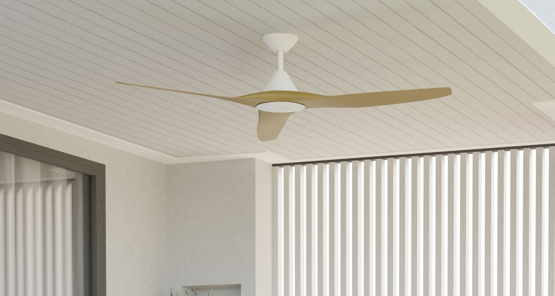 2026 covered alfresco at its best — unhurried, naturally cooled, effortlessly resolved. Calibo CloudFan, White & Bamboo.