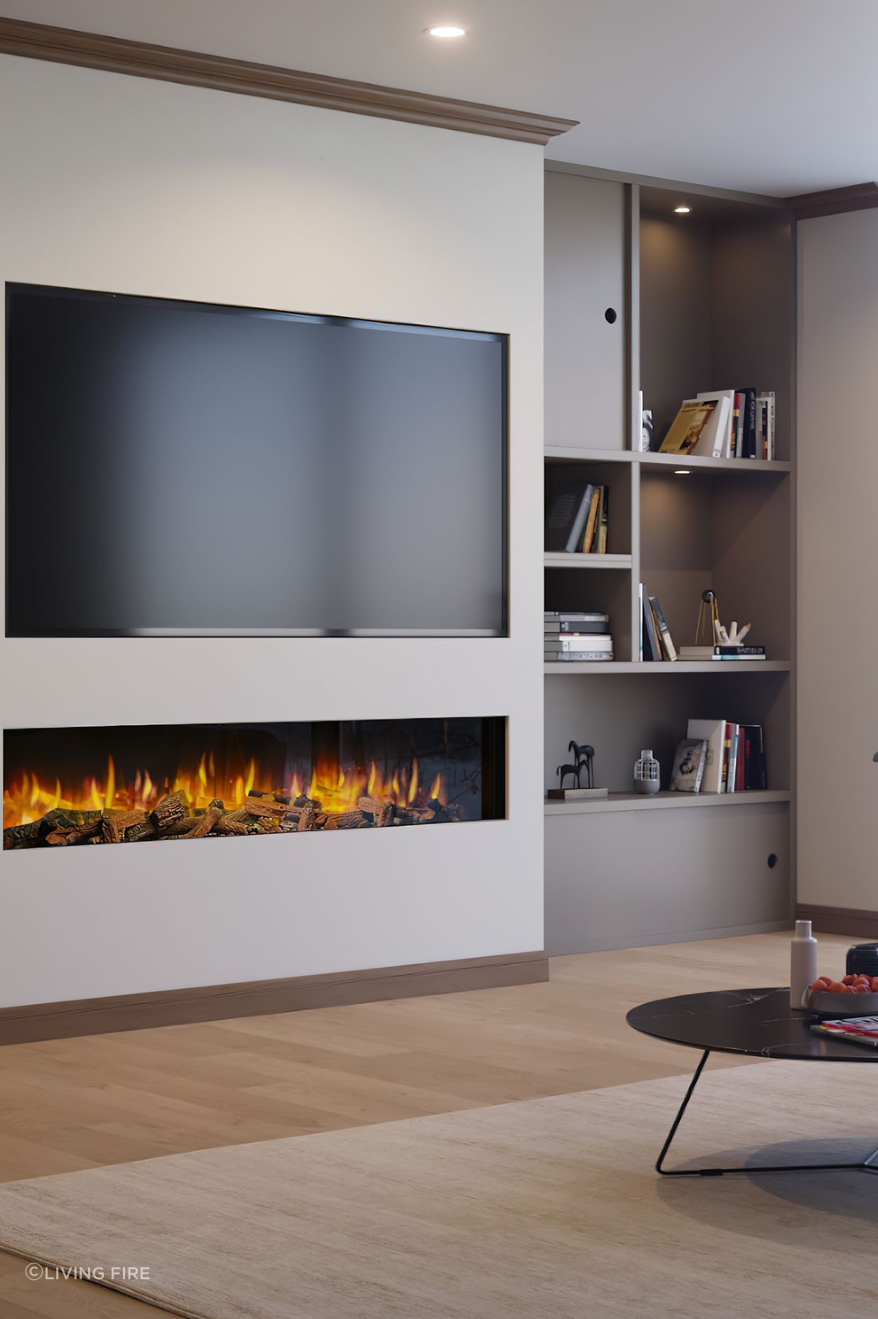 Electric fireplaces such as the Ilektro Two Thousand Landscape complement other pieces of decor in a living space.