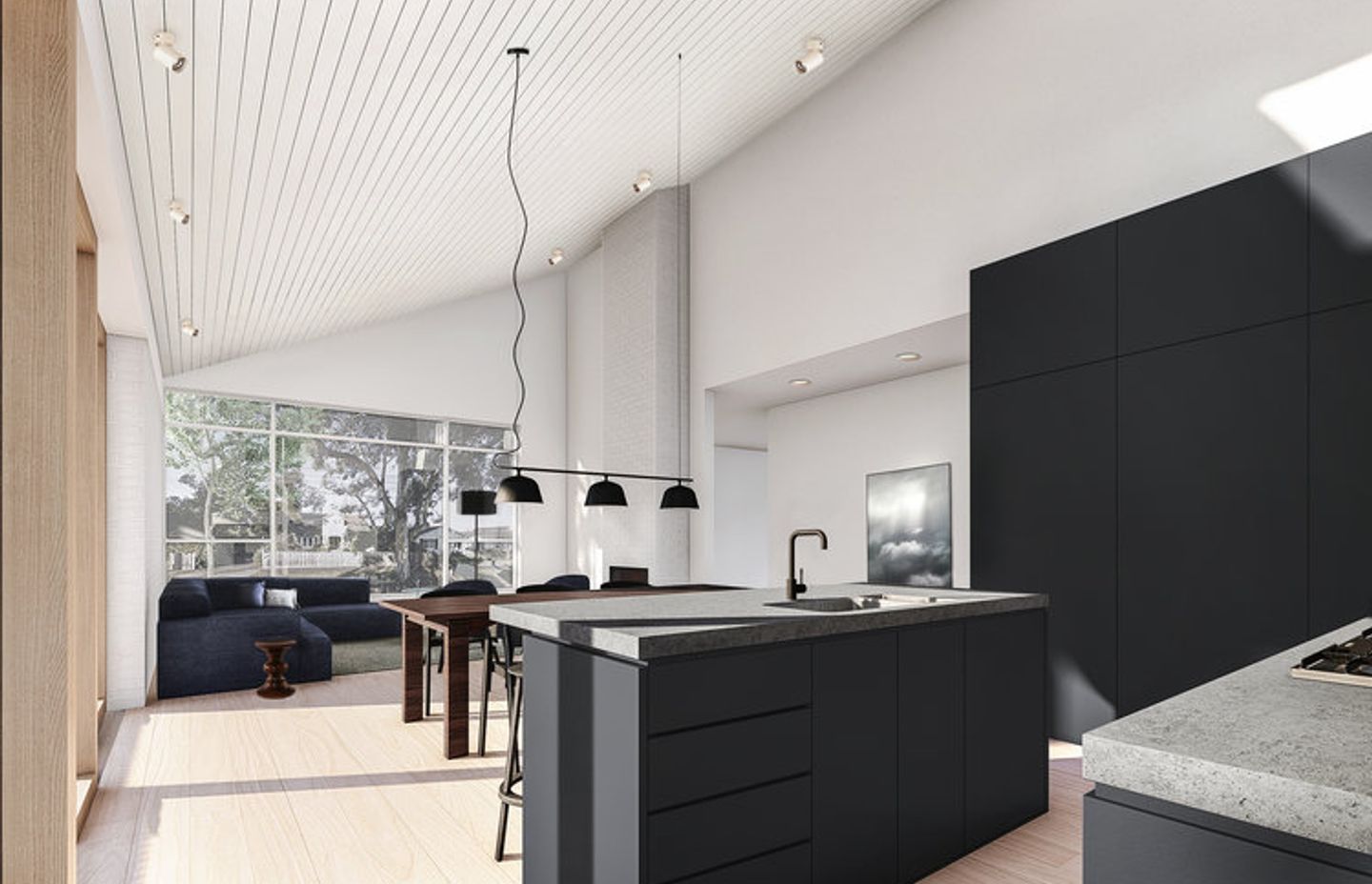 Never underestimate the power of volume and ceiling heights when trying to make your home feel spacious. Increasing the internal volume with a raked ceiling helps to create a sense of space at East Malvern House.