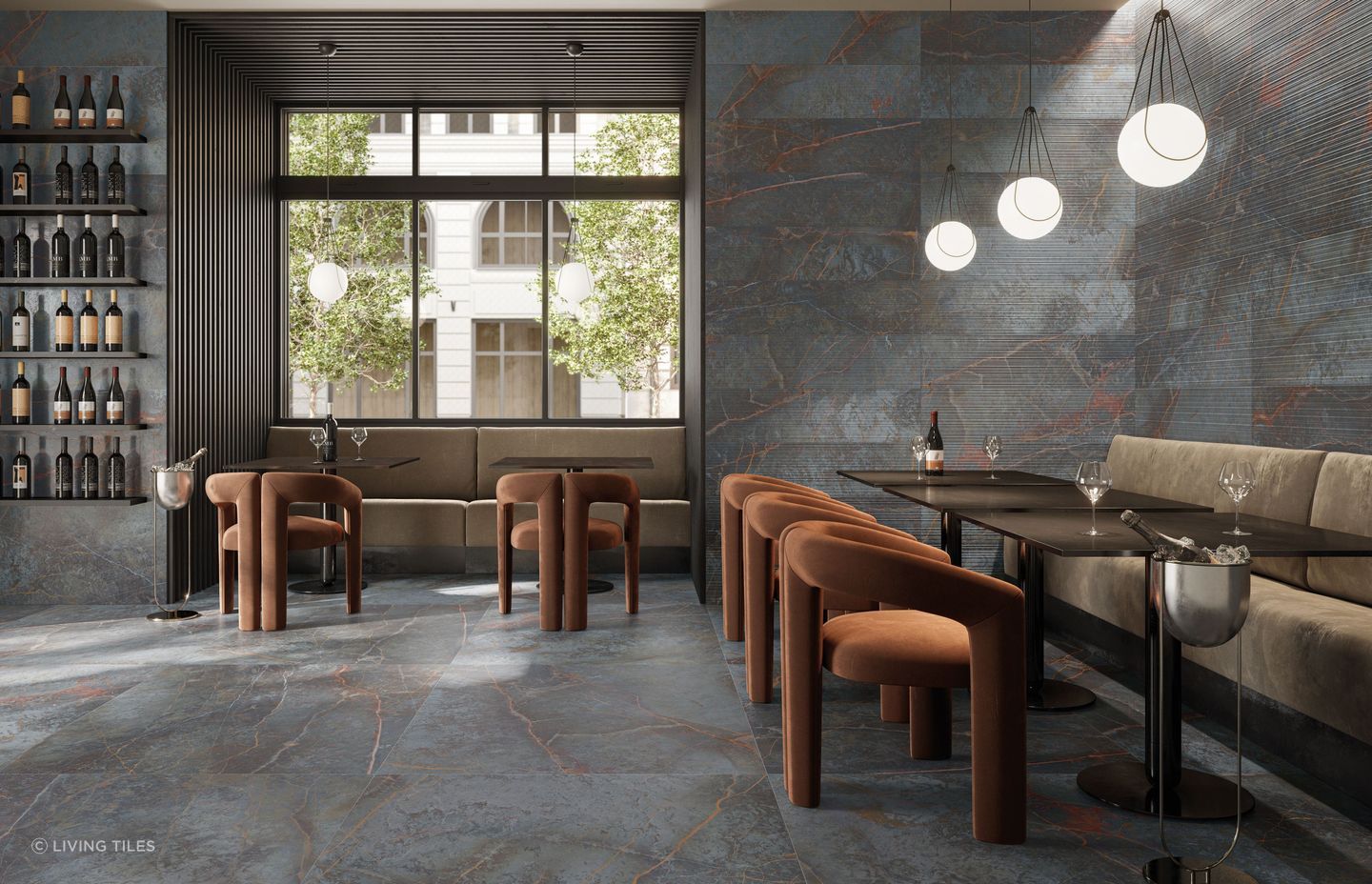 Tiles made from a natural stone each have a unique finish.