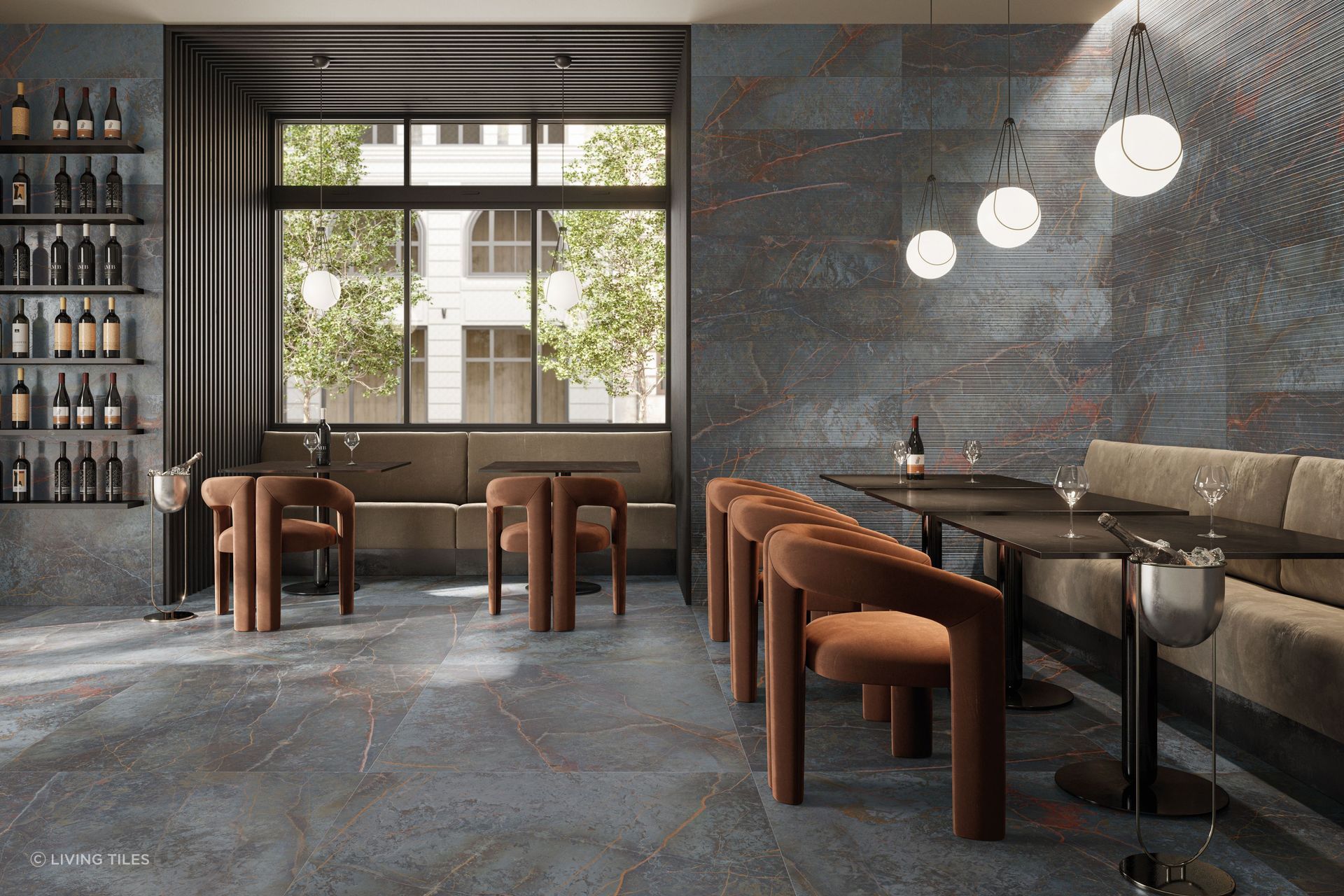 Tiles made from a natural stone each have a unique finish.