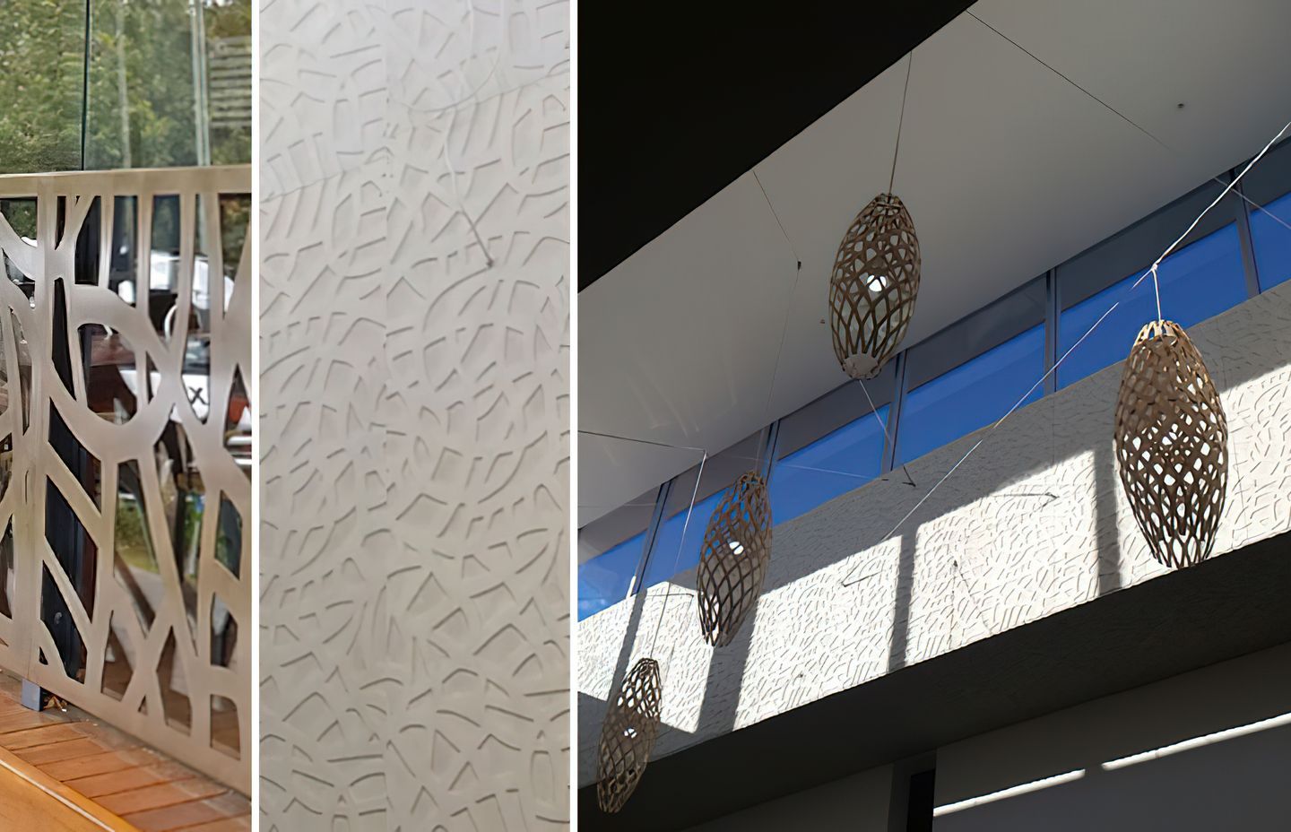 Stella panels from the Stonini 3D Profiles range in the redeveloped Stockland Baldivis. Left and centre: The Chiaro Screen which formed the basis of the design and Stella panel detail.
