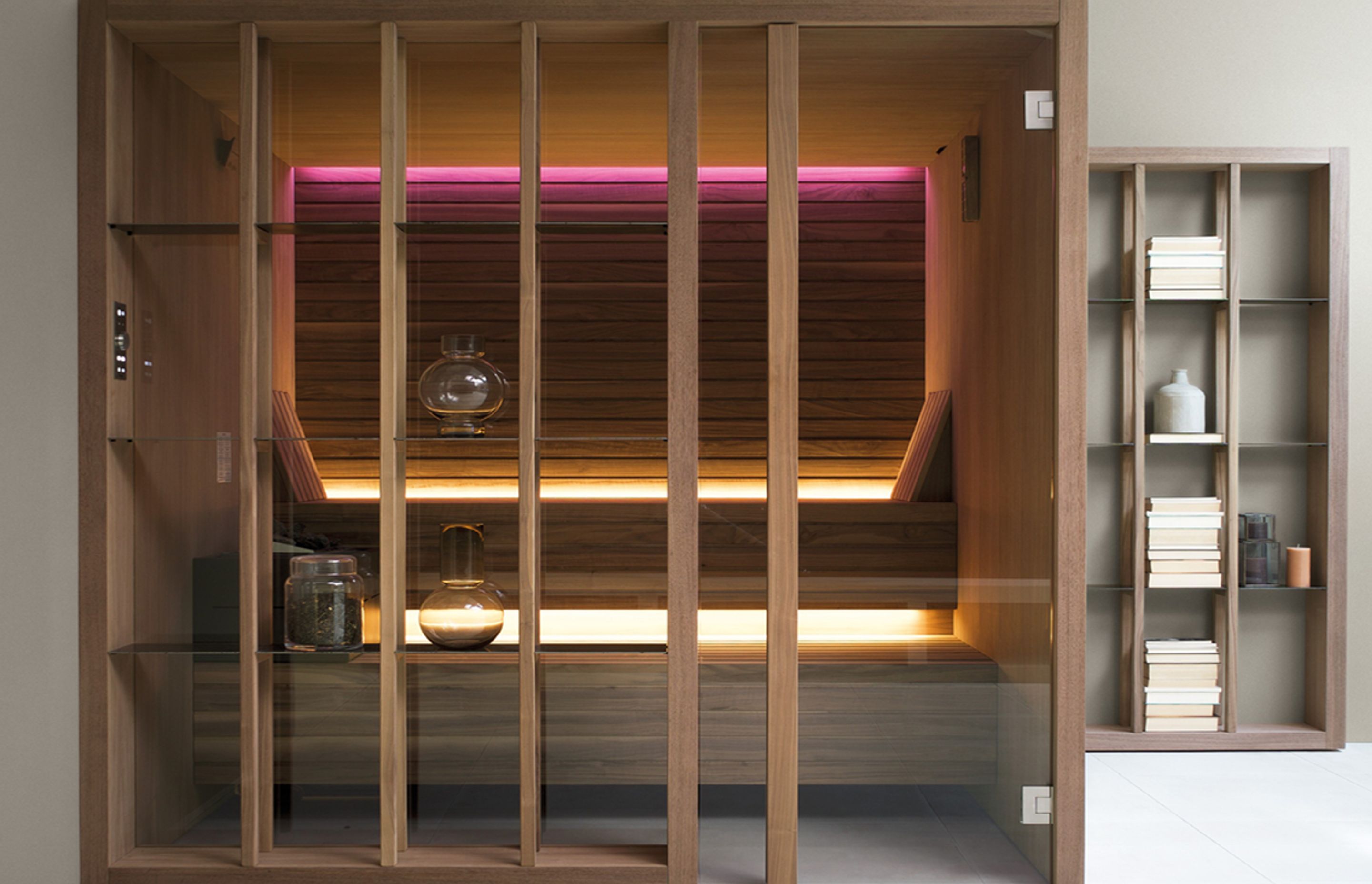 The Yoku Finnish sauna features integrated heater for a clean-lined look and comes in heat-treated aspen, heat-treated solid wood and Canaletto walnut.