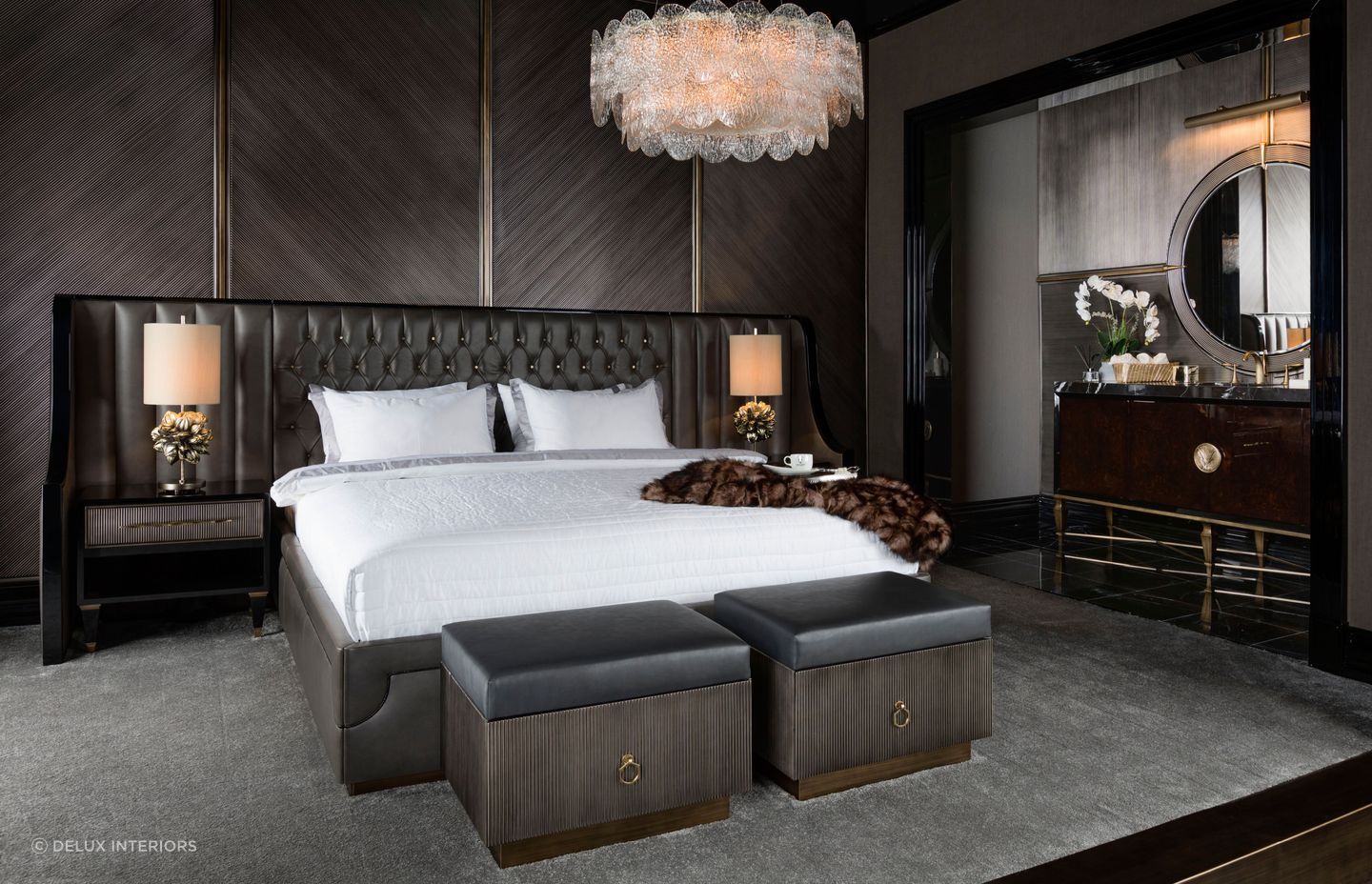 An opulent and practical choice at the foot of the bed with the Vogue Ottoman from DeLux Interiors.