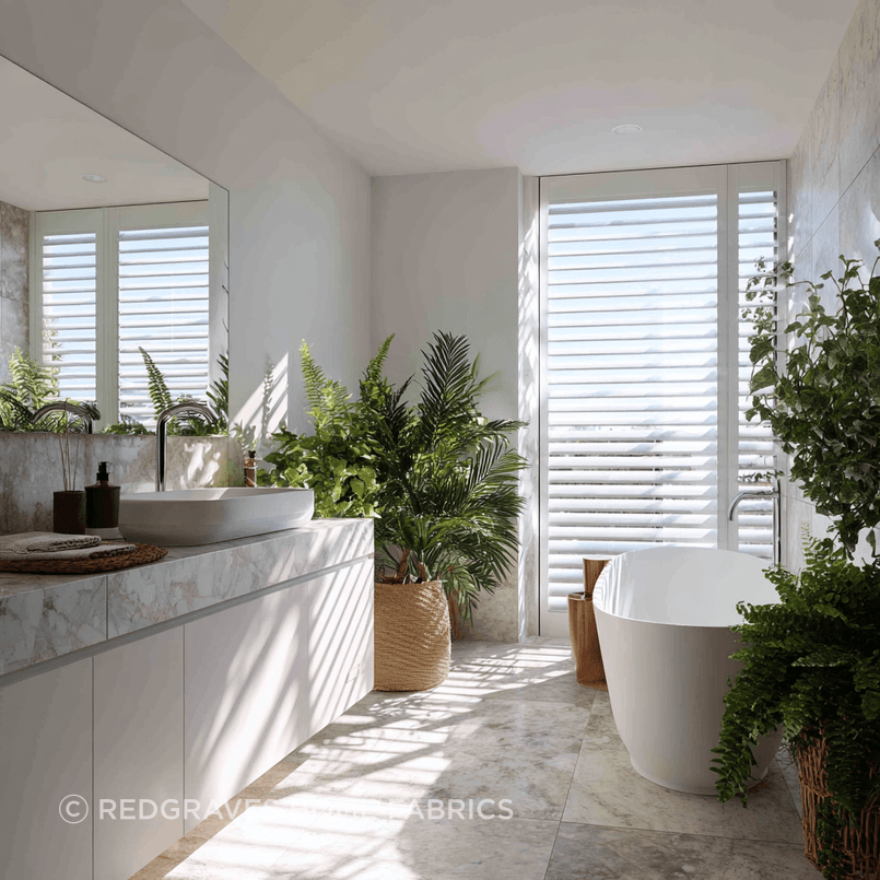 Moisture-resistant polymer Hamptons shutters in a white coastal-style bathroom