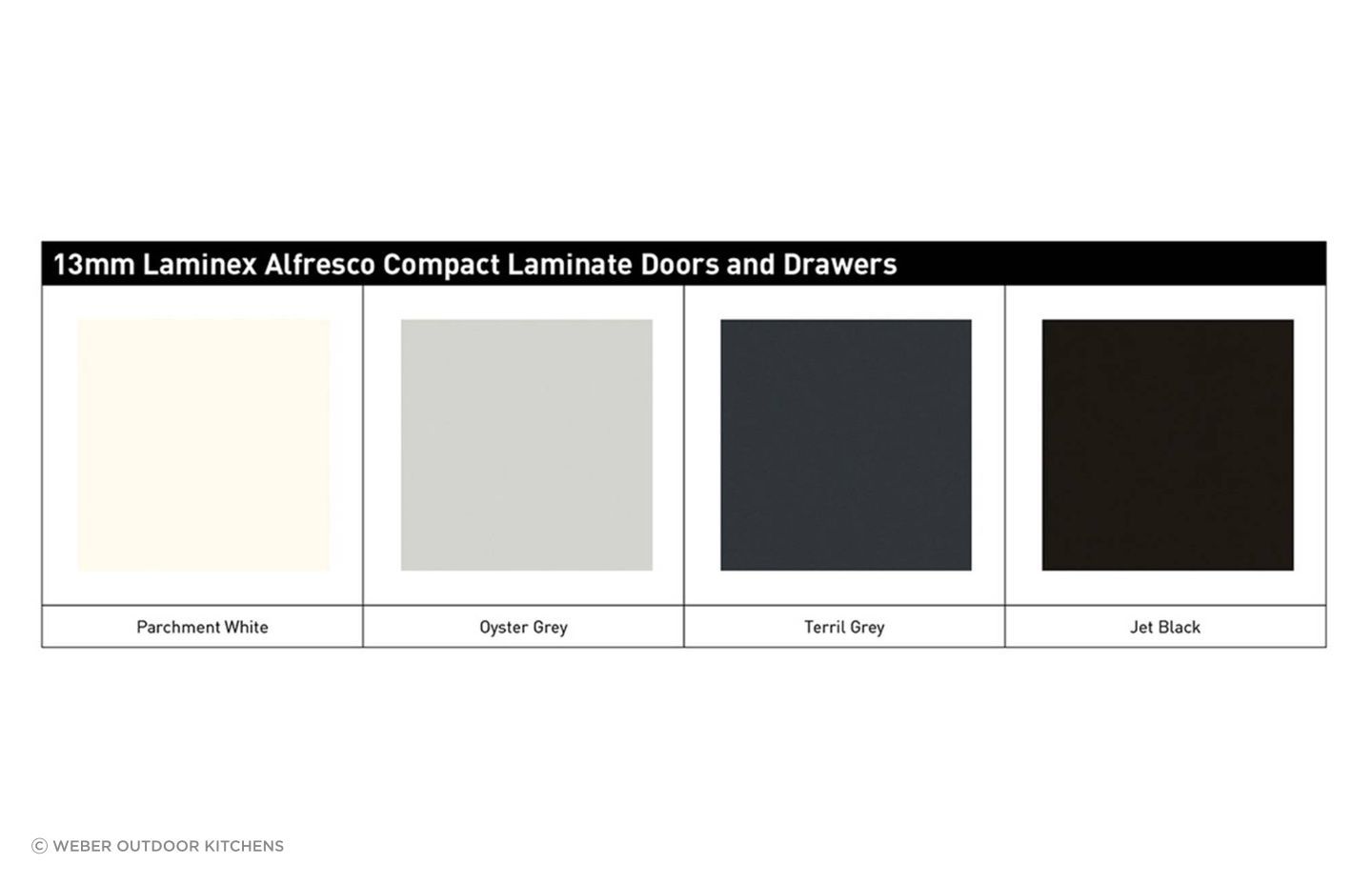Select from a choice of 4 Laminex Alfresco compact laminate door and drawer finishes.
