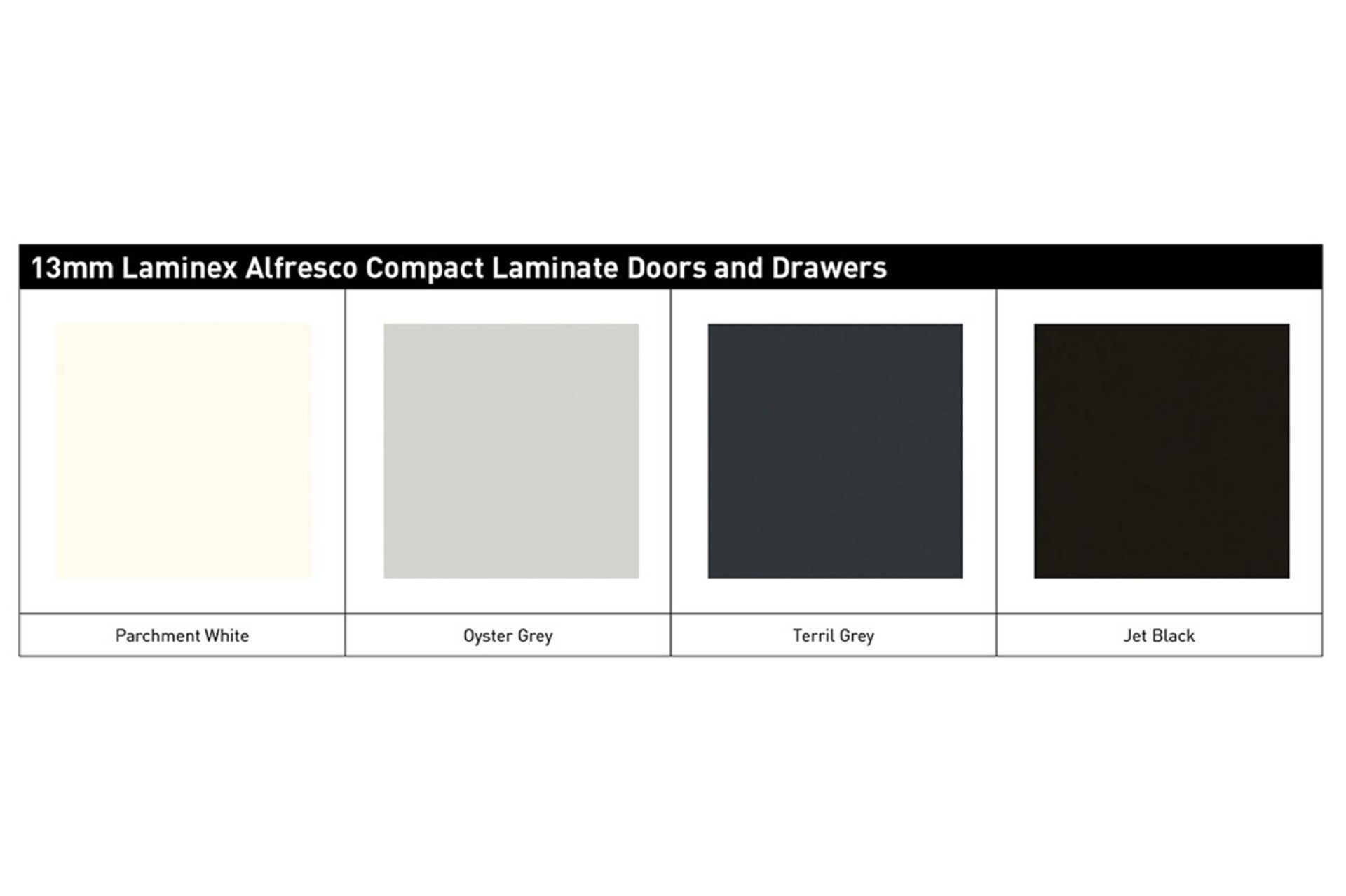 Select from a choice of 4 Laminex Alfresco compact laminate door and drawer finishes.