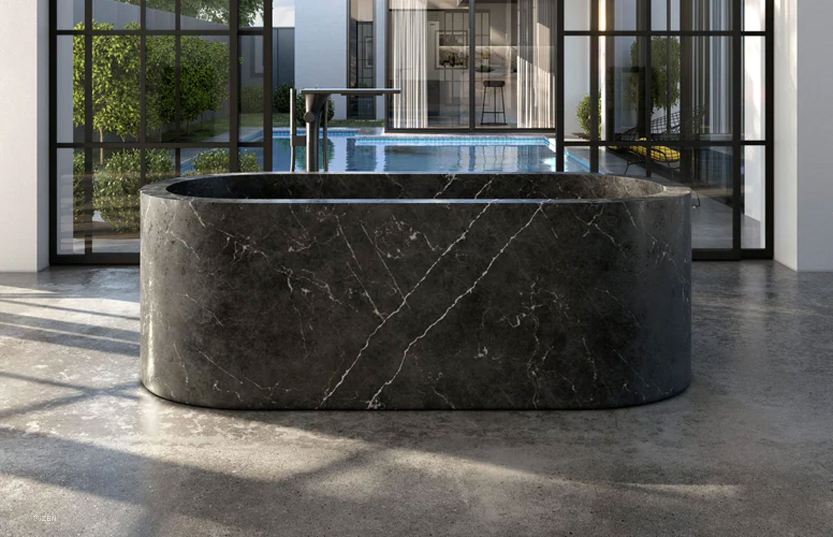 A marble bathtub showcases the mineral hardness of the material.