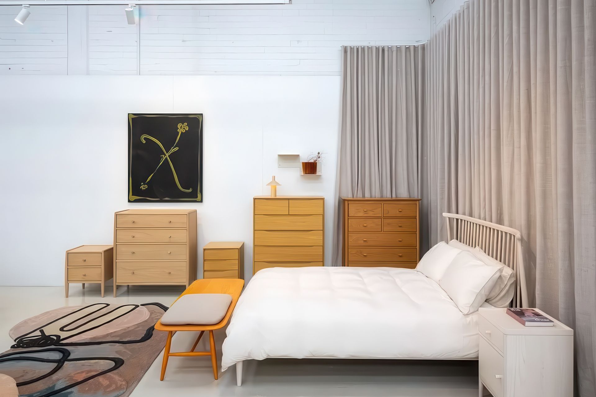 Bedroom Designs from Ercol together with Reclining Figure Rug from Faye Toogood for CC-Tapis and artwork by Lottie Consalvo from Foenander Galleries.