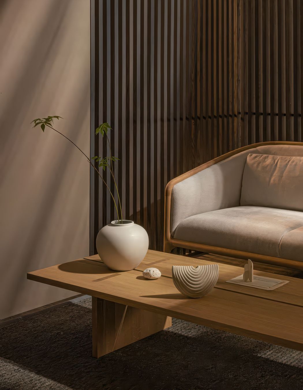 Norman Foster Sofa N-FS01 paired with a slim, rectangular oak coffee table which is not yet released – please enquire for details.