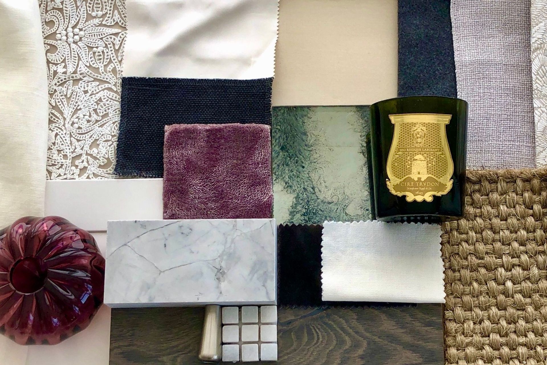 This materials board by Bridget Foley Design combines colour and texture in a sophisticated and timeless manner.
