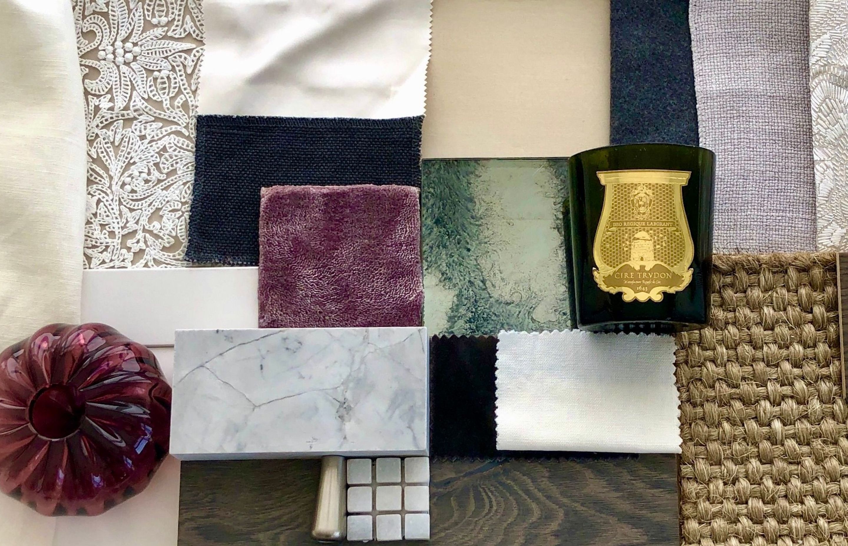 This materials board by Bridget Foley Design combines colour and texture in a sophisticated and timeless manner.