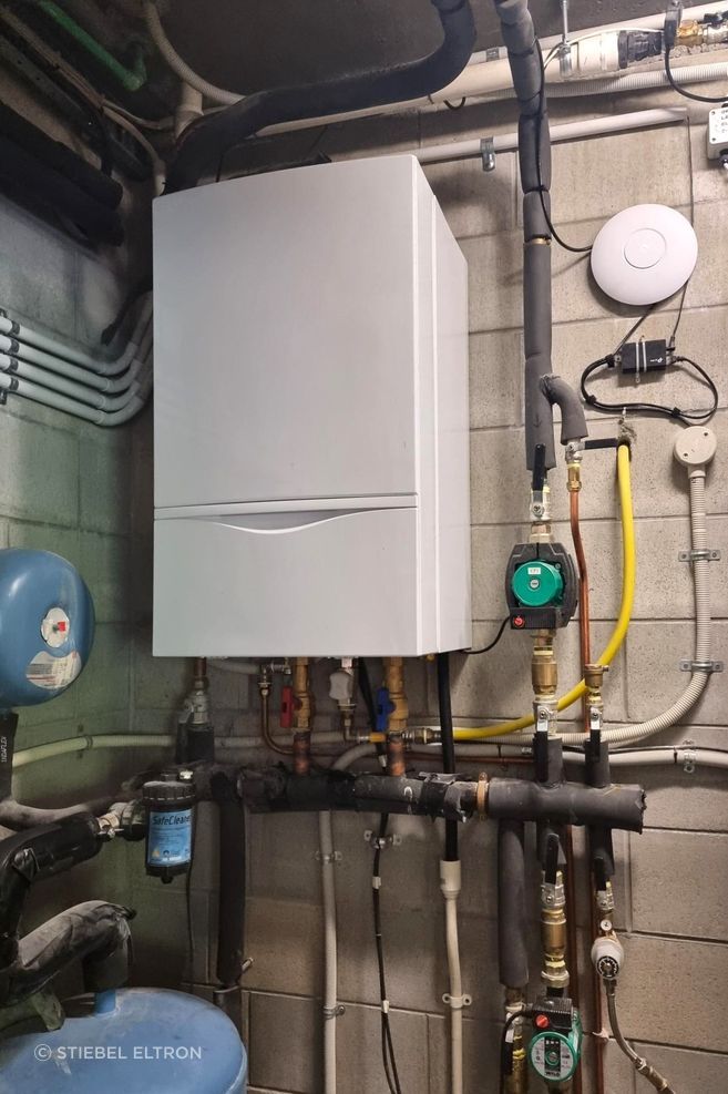 An existing gas boiler for underfloor, spa, and potable water heating.