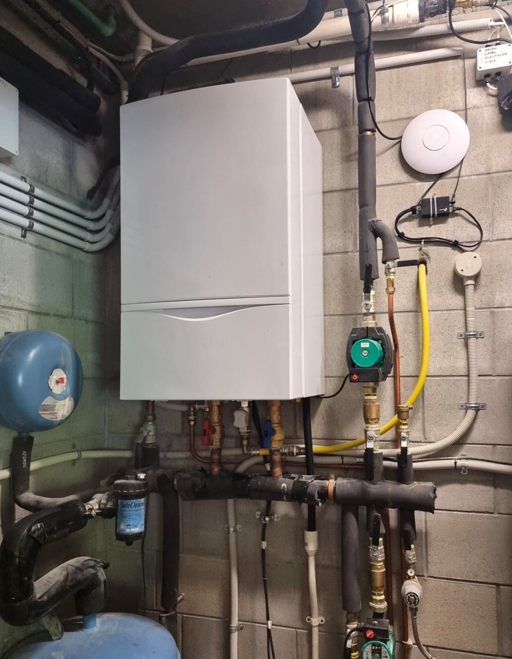 An existing gas boiler for underfloor, spa, and potable water heating.