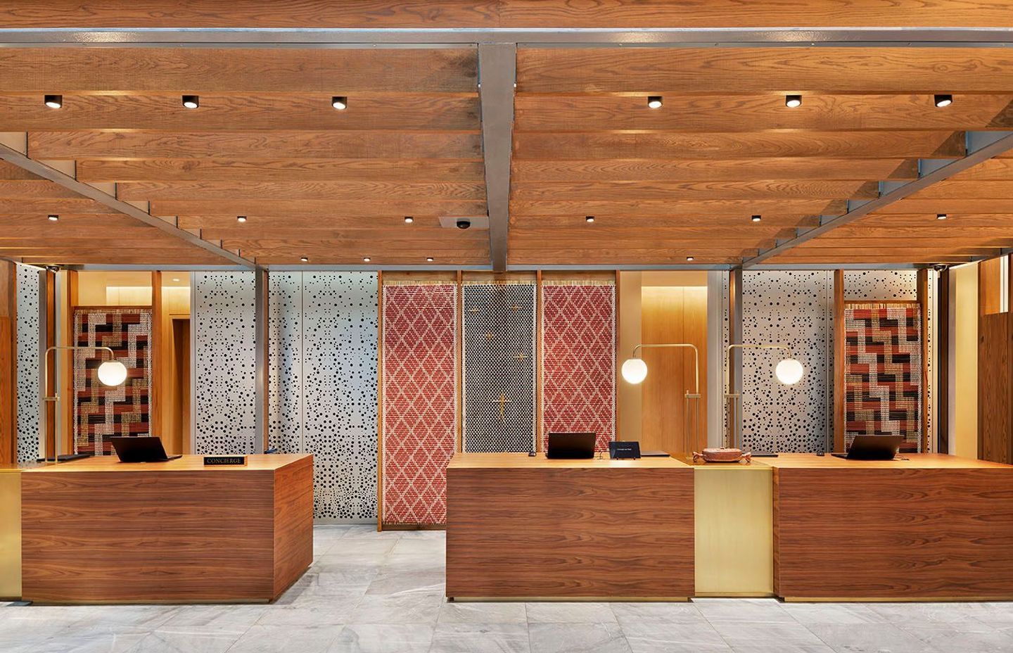 The Park Hyatt Auckland concierge adorned with Beronia Scott panels, captured by Jessica.