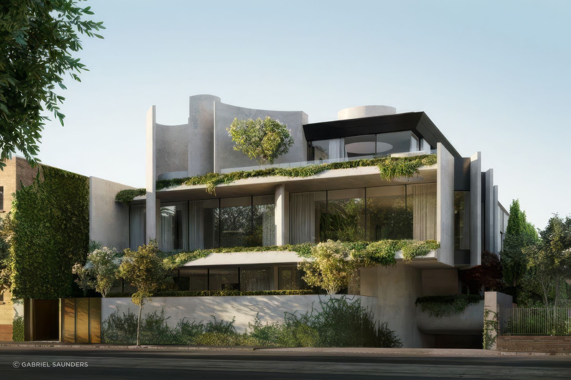Fawkner Residence | Boutique apartment building in South Yarra inspired by Le Corbusier, featuring organic mass, distinctive form, and a landscaped journey leading to a sculptural foyer, creating a sense of openness and engagement with the streetscape.