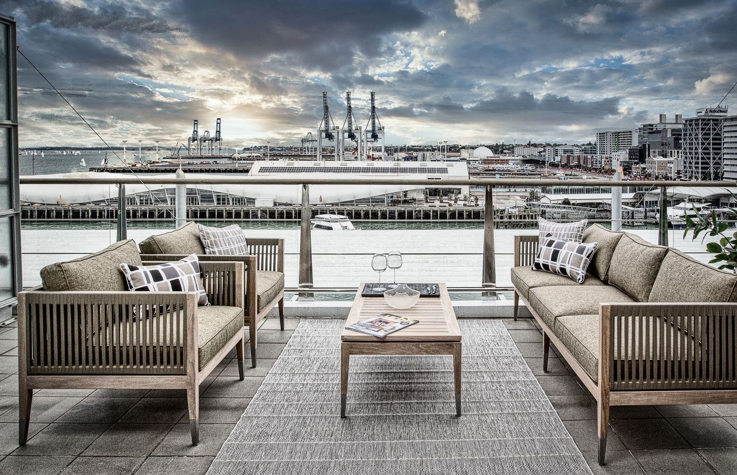 This outdoor space was designed for comfort, with outdoor furniture and soft furnishings.