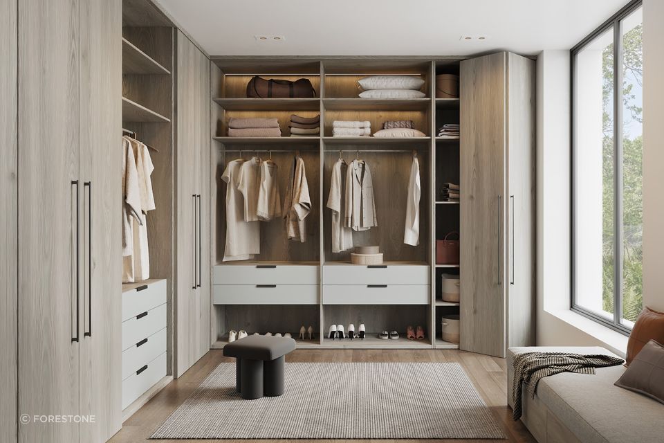 DesignerOne brings warmth and structure to this contemporary wardrobe, pairing realistic woodgrain panels with subtle internals for a seamless, considered finish.