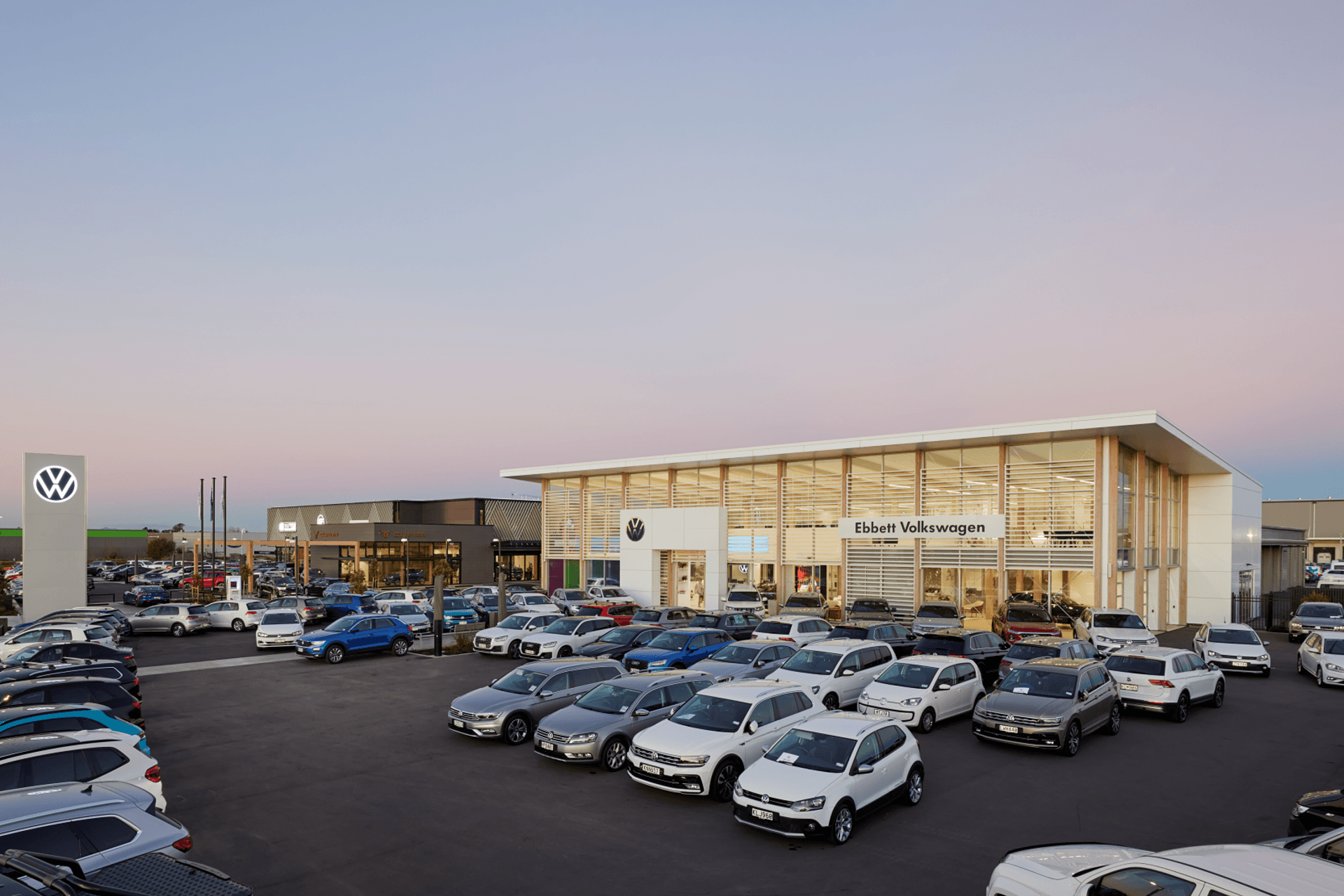 The buildings are of similar size and form, but each has its own identity.