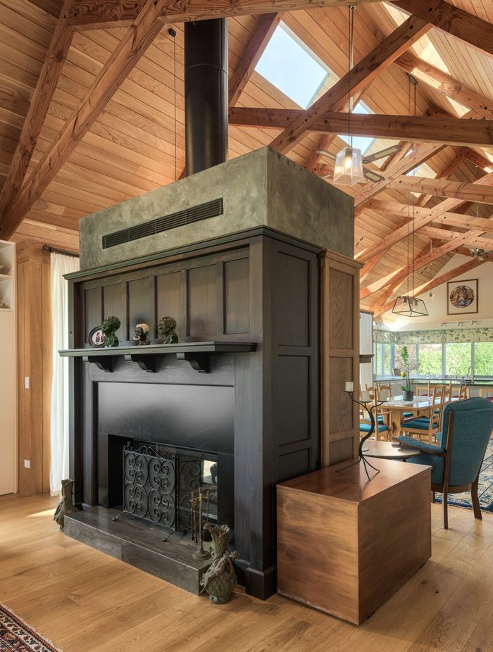 “The fireplace in the main living area has the original timber surround, to give the house that connection with the past.” The panelling was stamped with “Made in Japan”, says Chris. “That was in the 1920s, which is extraordinary.”