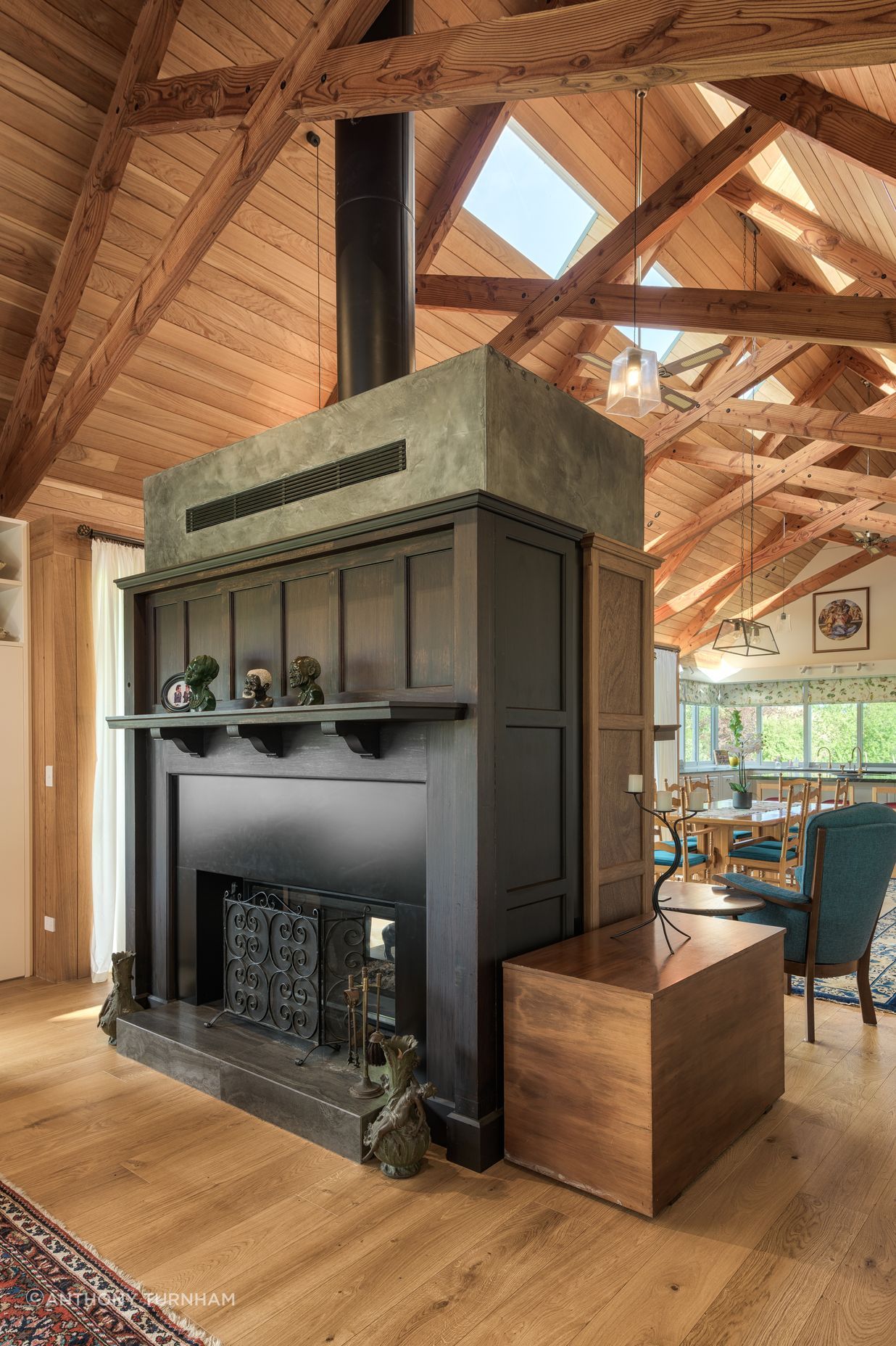 “The fireplace in the main living area has the original timber surround, to give the house that connection with the past.” The panelling was stamped with “Made in Japan”, says Chris. “That was in the 1920s, which is extraordinary.”