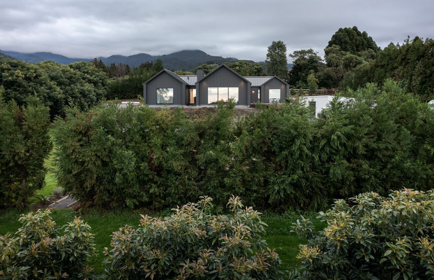 Perched overlooking the orchard, the colour of the home helps it to blend with the surrounds.