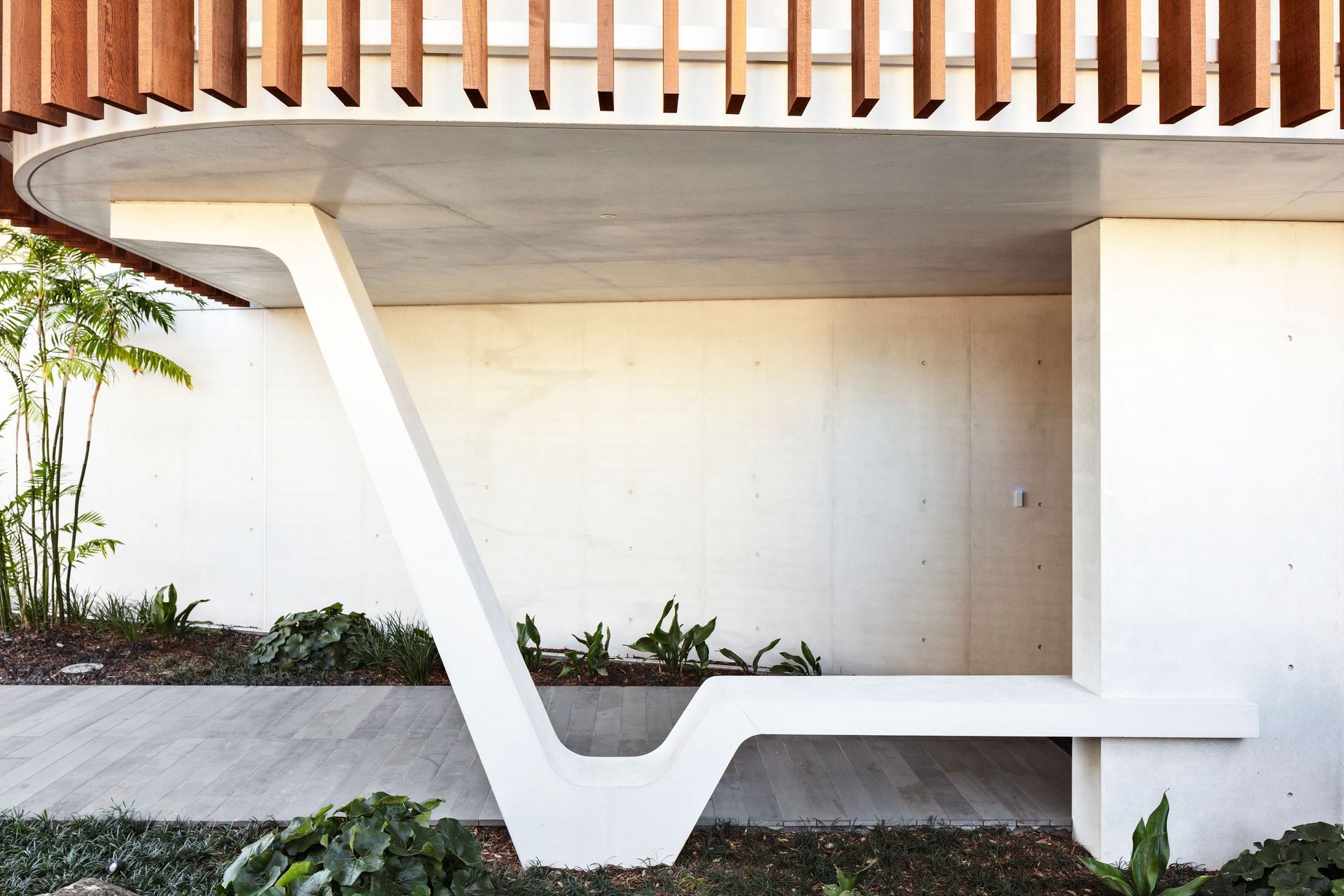 Outside, the white concrete contrasts with cedar accents.