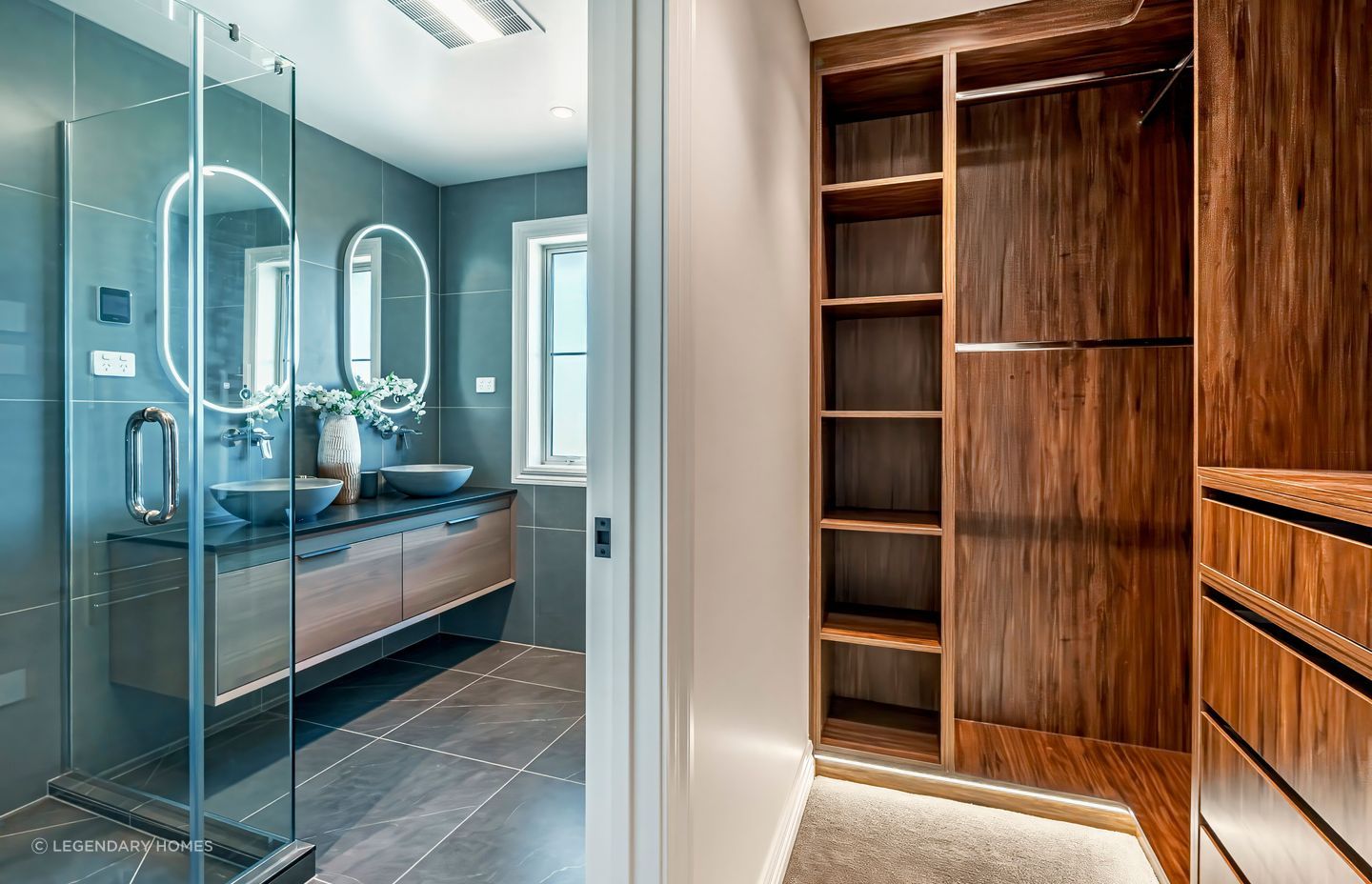 The bathrooms are accessed via walk-through wardrobes.