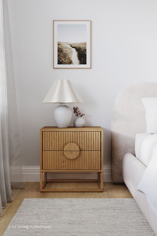 Braxton Ripple Slatted bedside table in natural oak.
