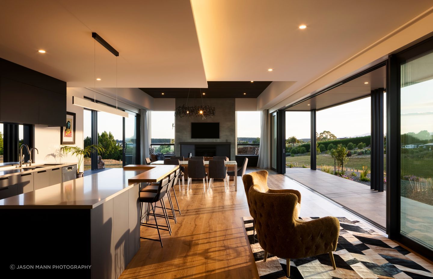 The ceiling varies in height in the main living area to reinforce the pavilion design.