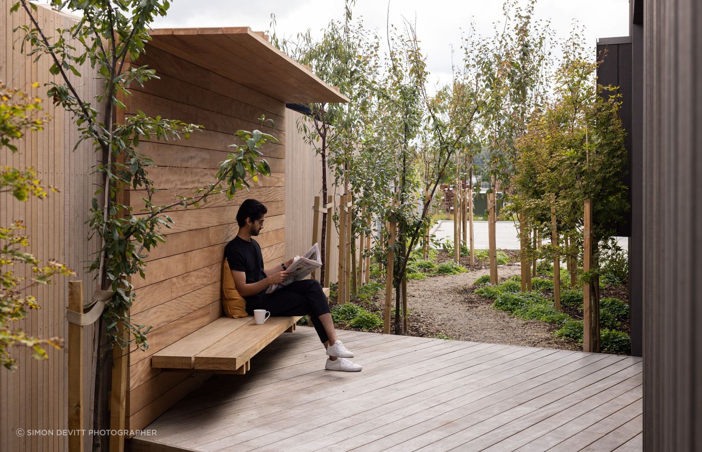 Large overhanging eaves on the building provide options for employees if they’re not sitting in the sun. “The landscape also introduces fruit trees, which adds another layer of staff wellbeing.”