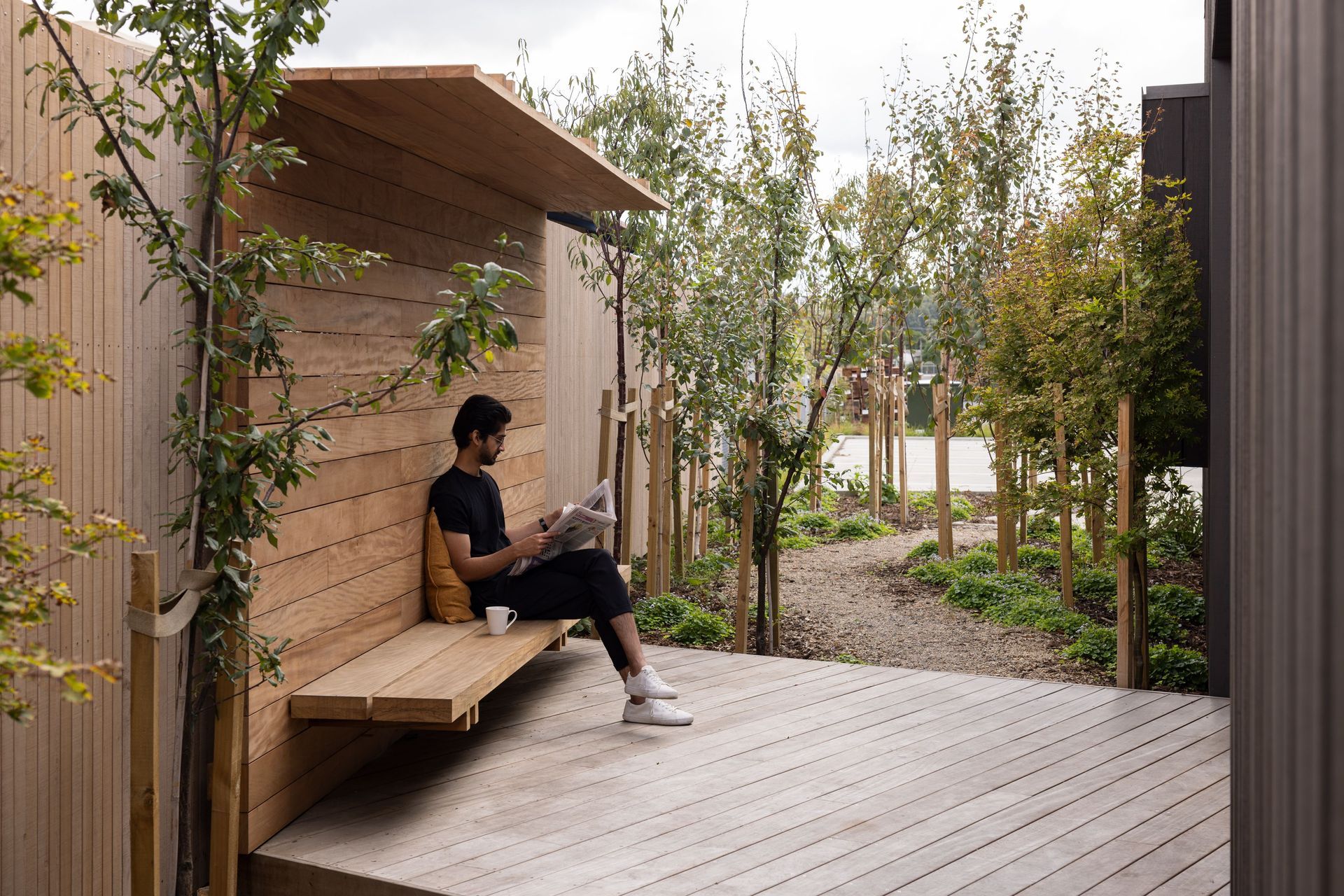 Large overhanging eaves on the building provide options for employees if they’re not sitting in the sun. “The landscape also introduces fruit trees, which adds another layer of staff wellbeing.”