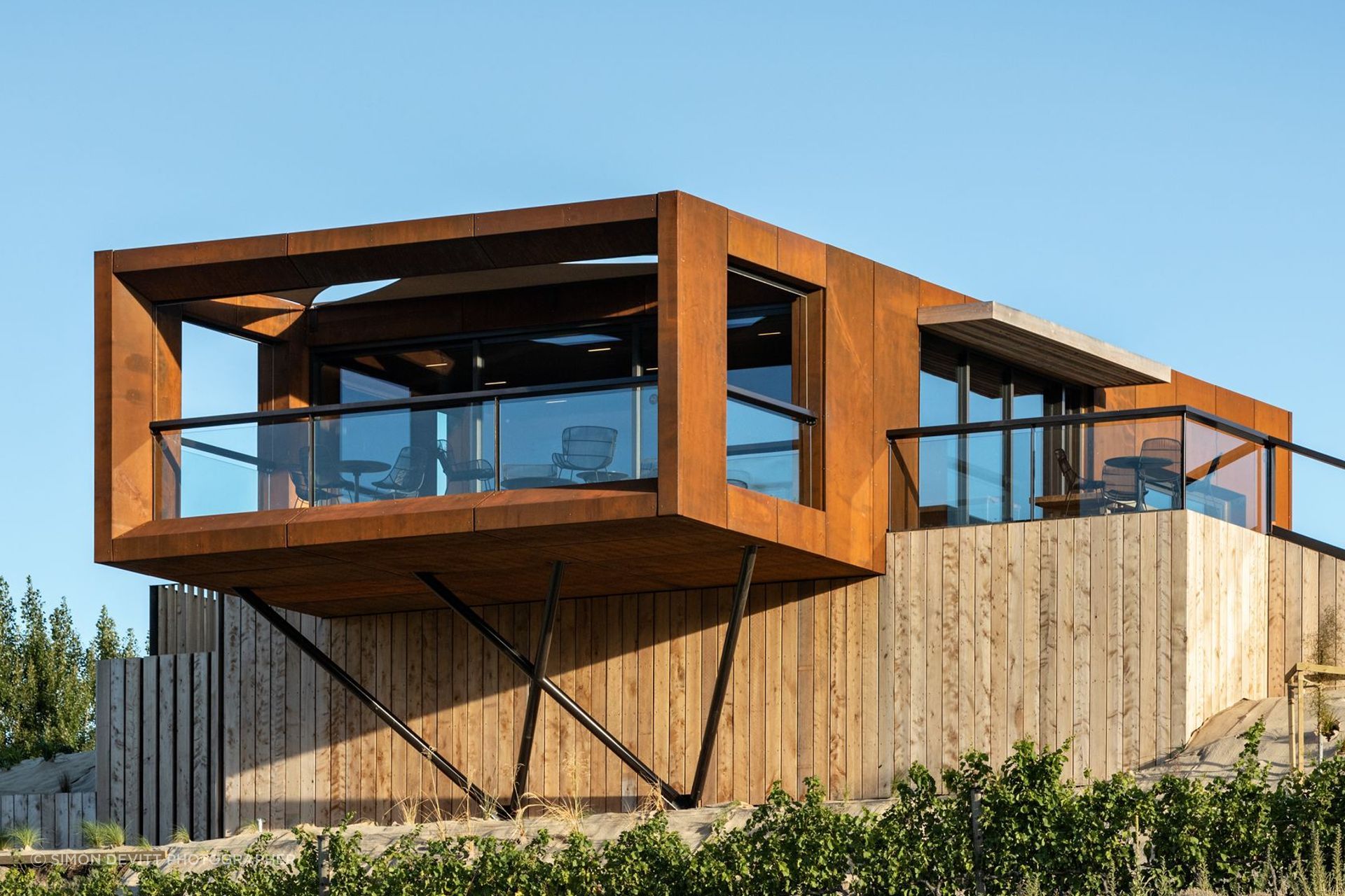 The eye-catching Te Kano Estate cellar door in Bannockburn by Hamish Muir and Matthew Barbour of Mason & Wales Architects is a deceptively small and crafted design. “It's like a treasure box,” says Hamish.