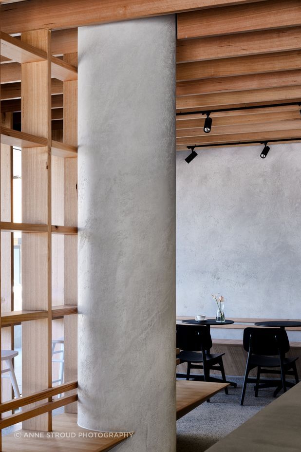 The Venetian plaster is textural and creates an intriguing shadow play.