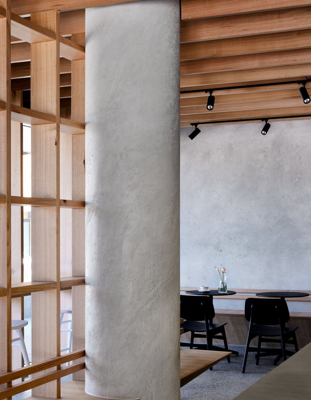 The Venetian plaster is textural and creates an intriguing shadow play.