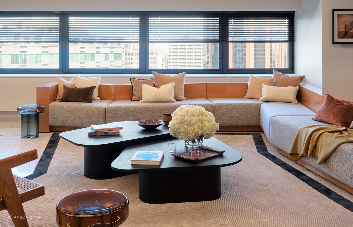 The huge peach coach in the reception space is the perfect place for company meetings and for visitors to wait to enter the offices.